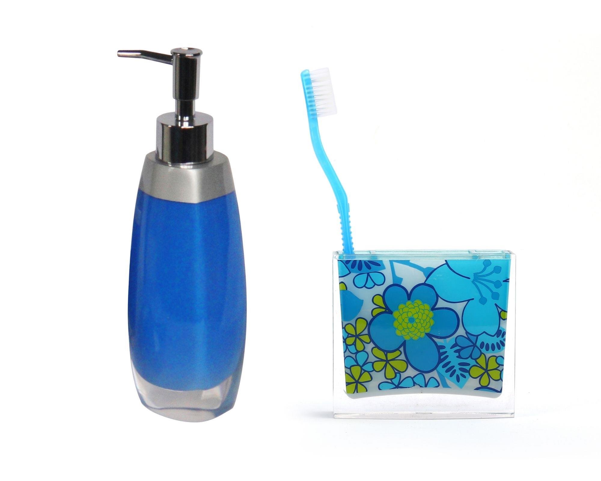Sıvı Sabunluk,Diş Fırçalık 2 Li Banyo Seti,Gri Mavi Ve Çiçekli