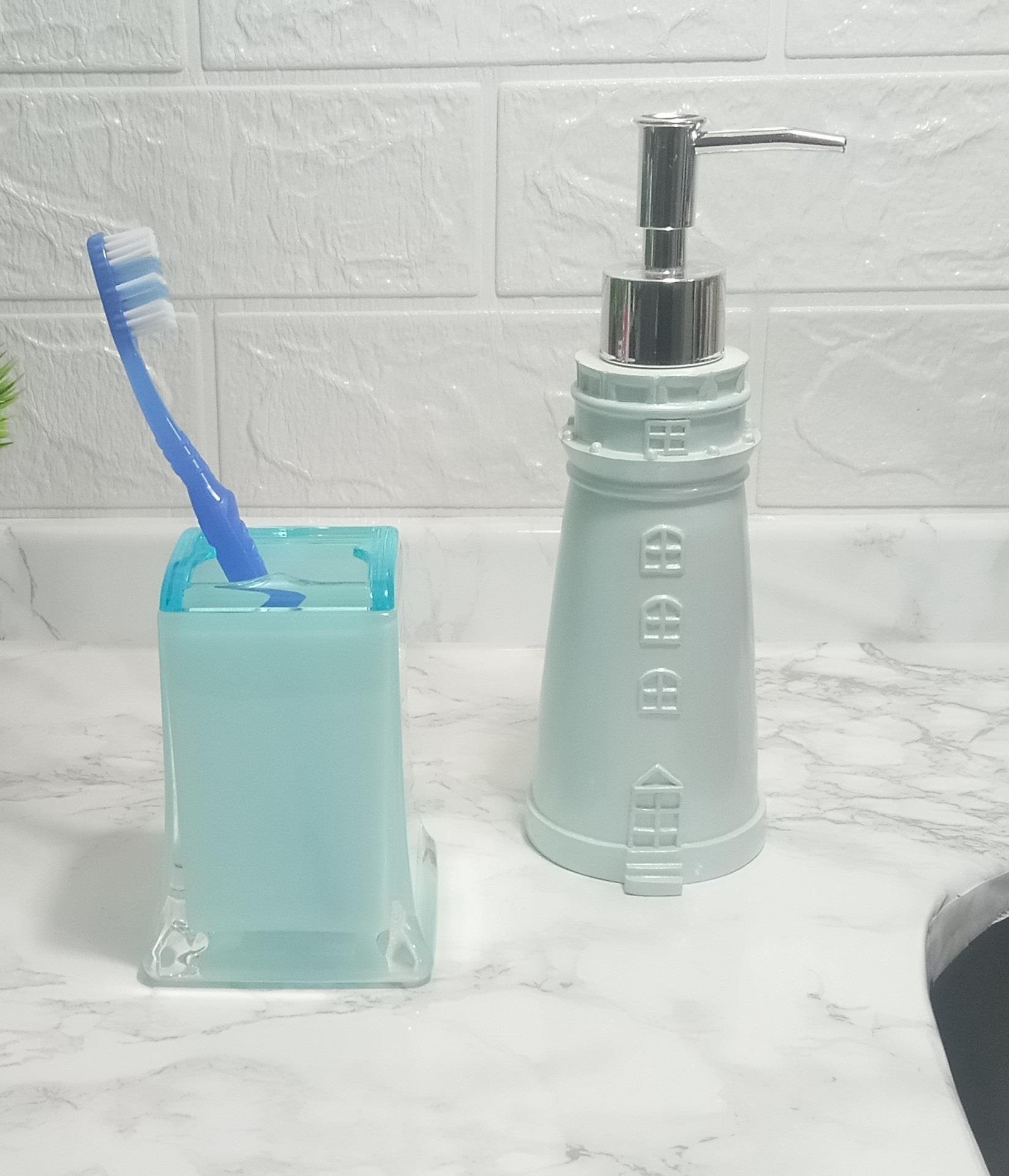 Sıvı Sabunluk,Diş Fırçalık 2 Li Banyo Seti,Deniz Feneri Ve Buz Mavi