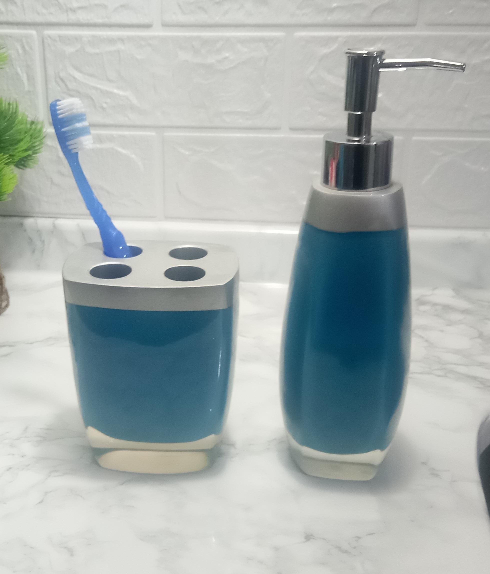 Sıvı Sabunluk,Diş Fırçalık 2 Li Banyo Seti,Gri Mavi  