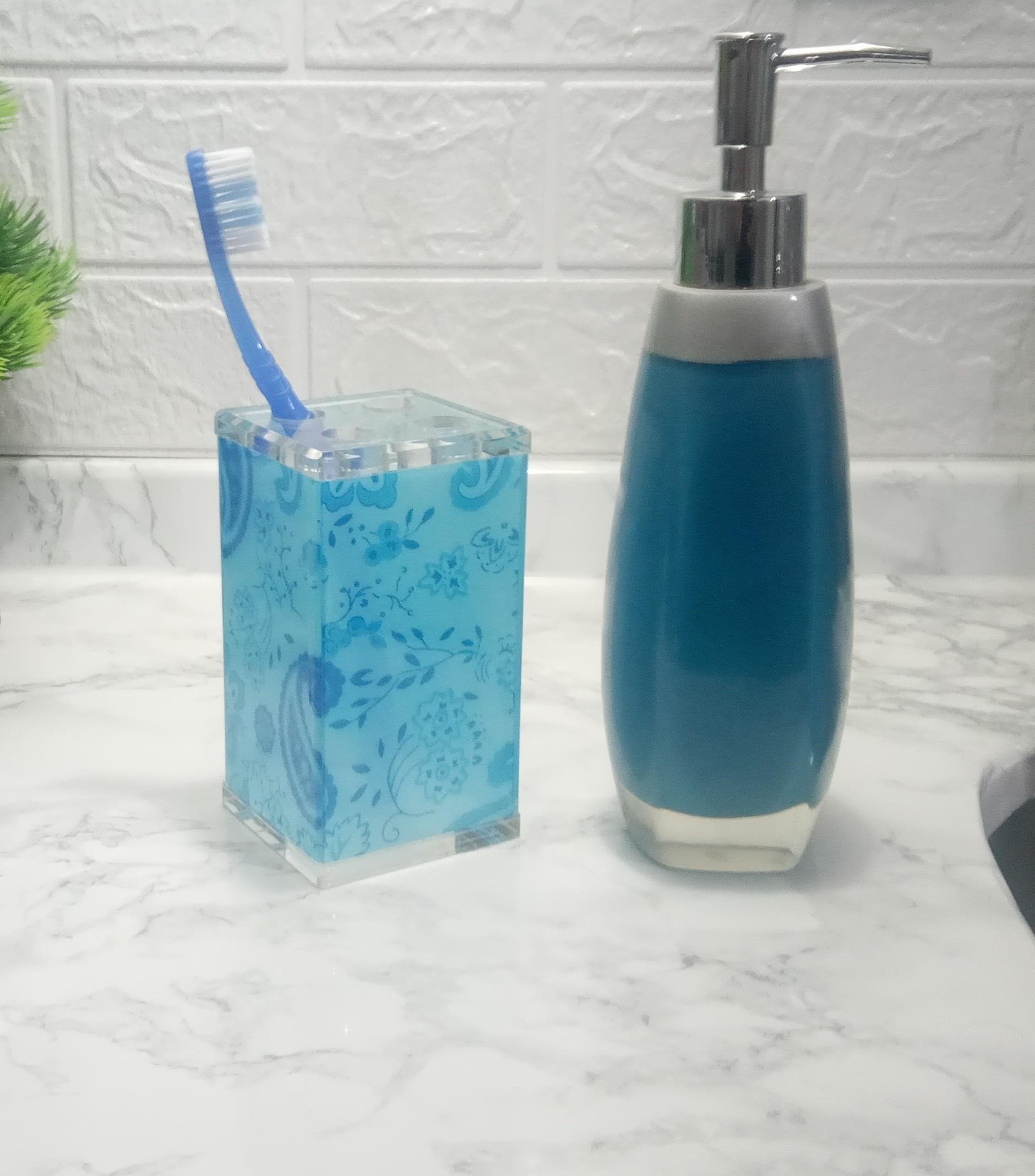 Sıvı Sabunluk,Diş Fırçalık 2 Li Banyo Seti,Gri Mavi Ve Çiçekli