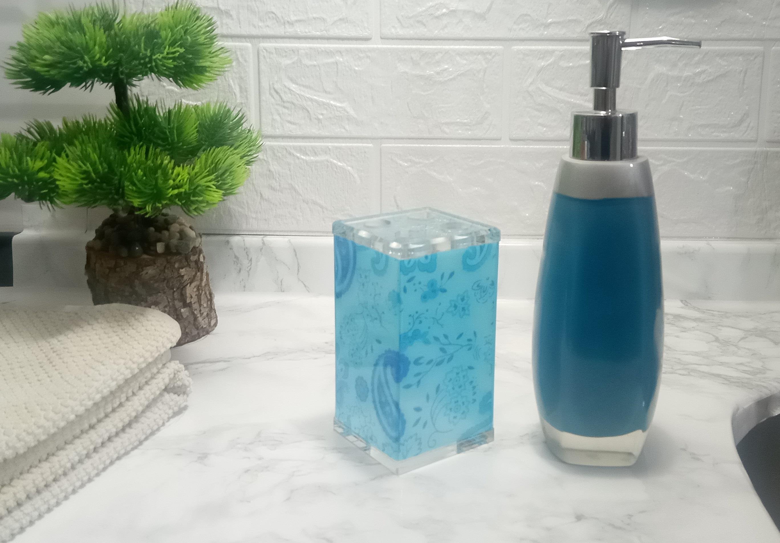 Sıvı Sabunluk,Diş Fırçalık 2 Li Banyo Seti,Gri Mavi Ve Çiçekli