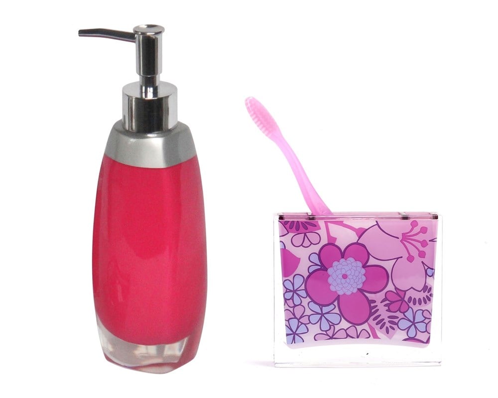 SIVI SABUNLUK,DİŞ FIRÇALIK 2 Lİ BANYO SETİ,GRİ PEMBE VE ÇİÇEKLİ