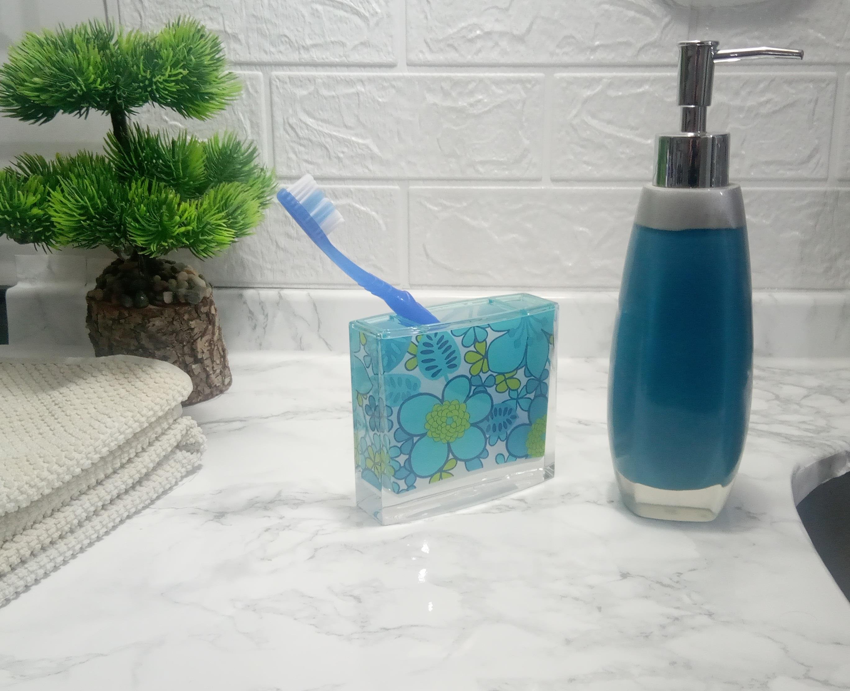 Sıvı Sabunluk,Diş Fırçalık 2 Li Banyo Seti,Gri Mavi Ve Çiçekli