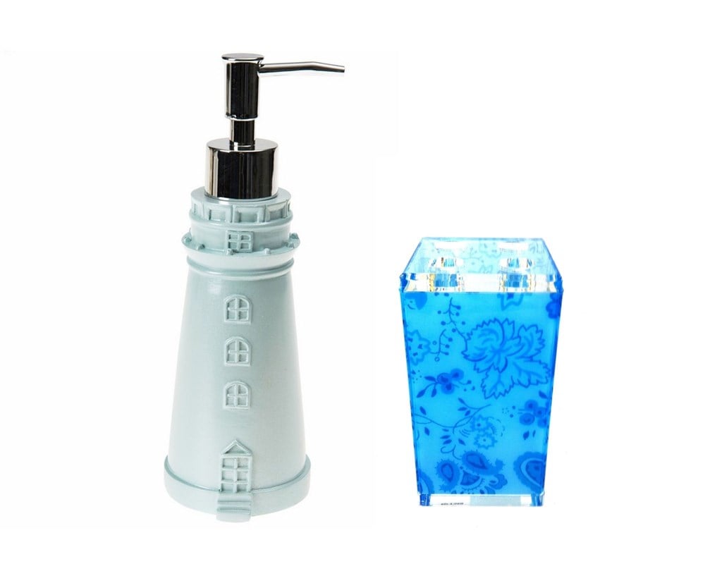 SIVI SABUNLUK,DİŞ FIRÇALIK 2 Lİ BANYO SETİ,DENİZ FENERİ VE MAVİ ÇİÇEKLİ