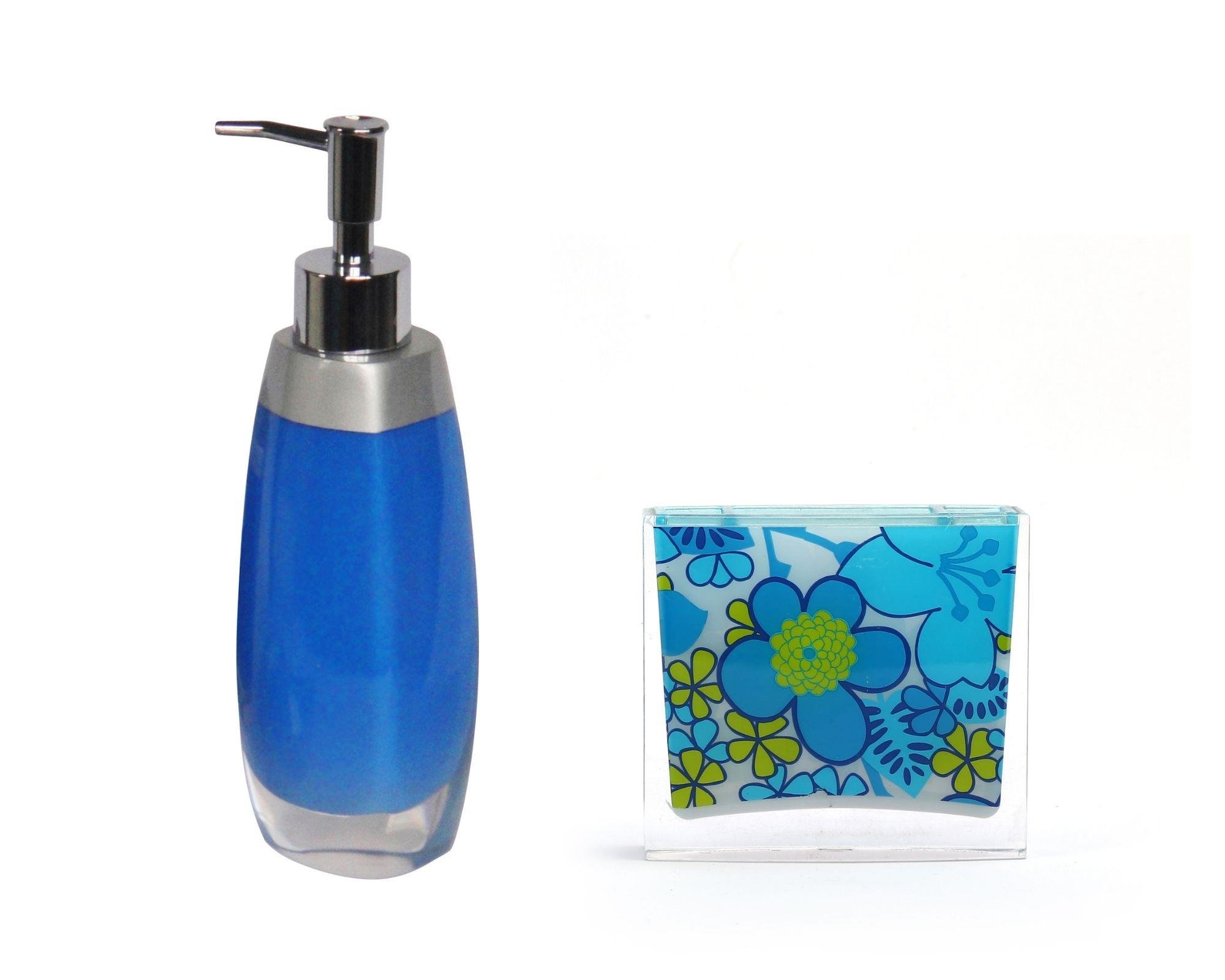 Sıvı Sabunluk,Diş Fırçalık 2 Li Banyo Seti,Gri Mavi Ve Çiçekli