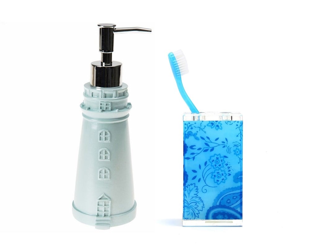 SIVI SABUNLUK,DİŞ FIRÇALIK 2 Lİ BANYO SETİ,DENİZ FENERİ VE MAVİ ÇİÇEKLİ