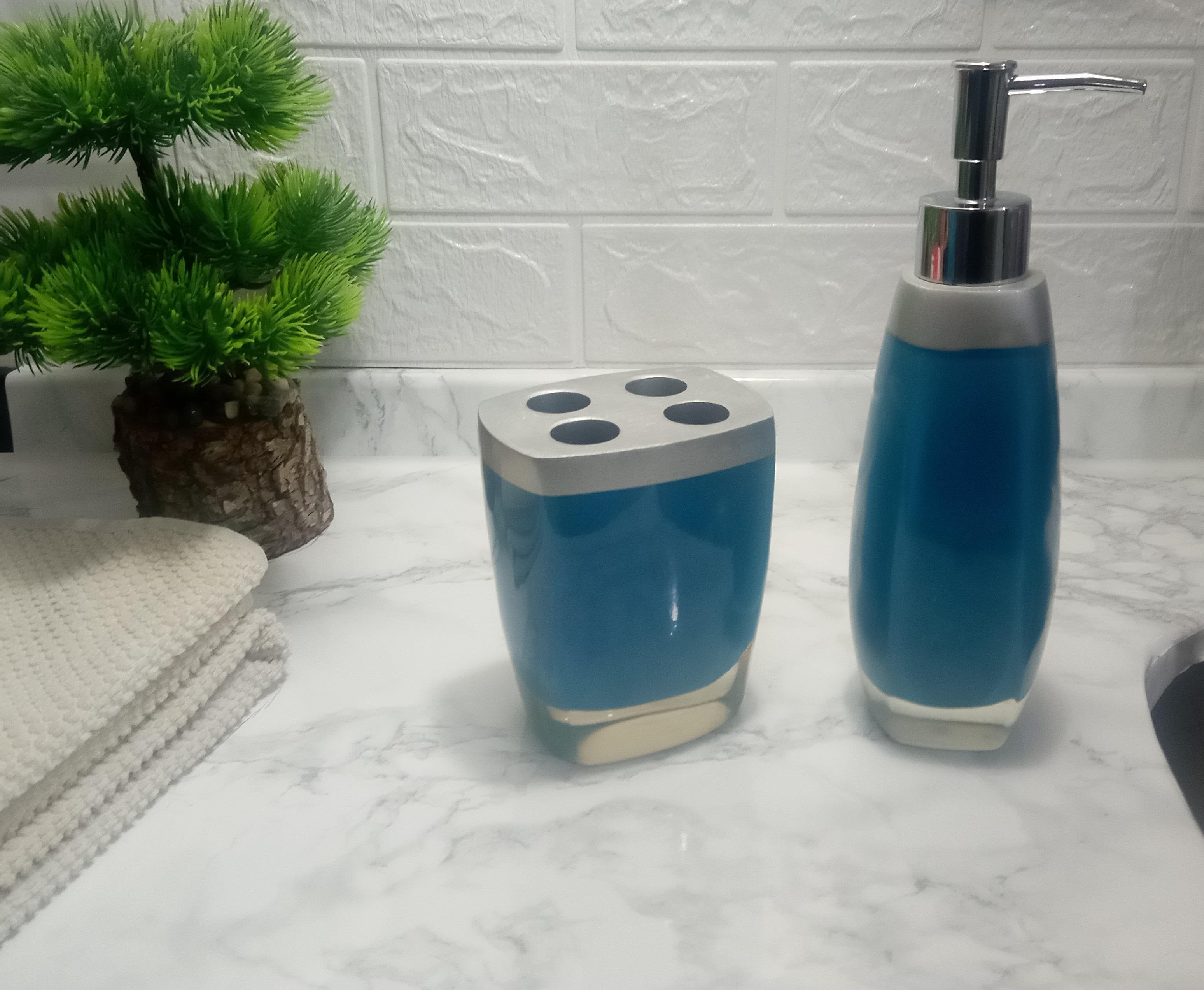 Sıvı Sabunluk,Diş Fırçalık 2 Li Banyo Seti,Gri Mavi  