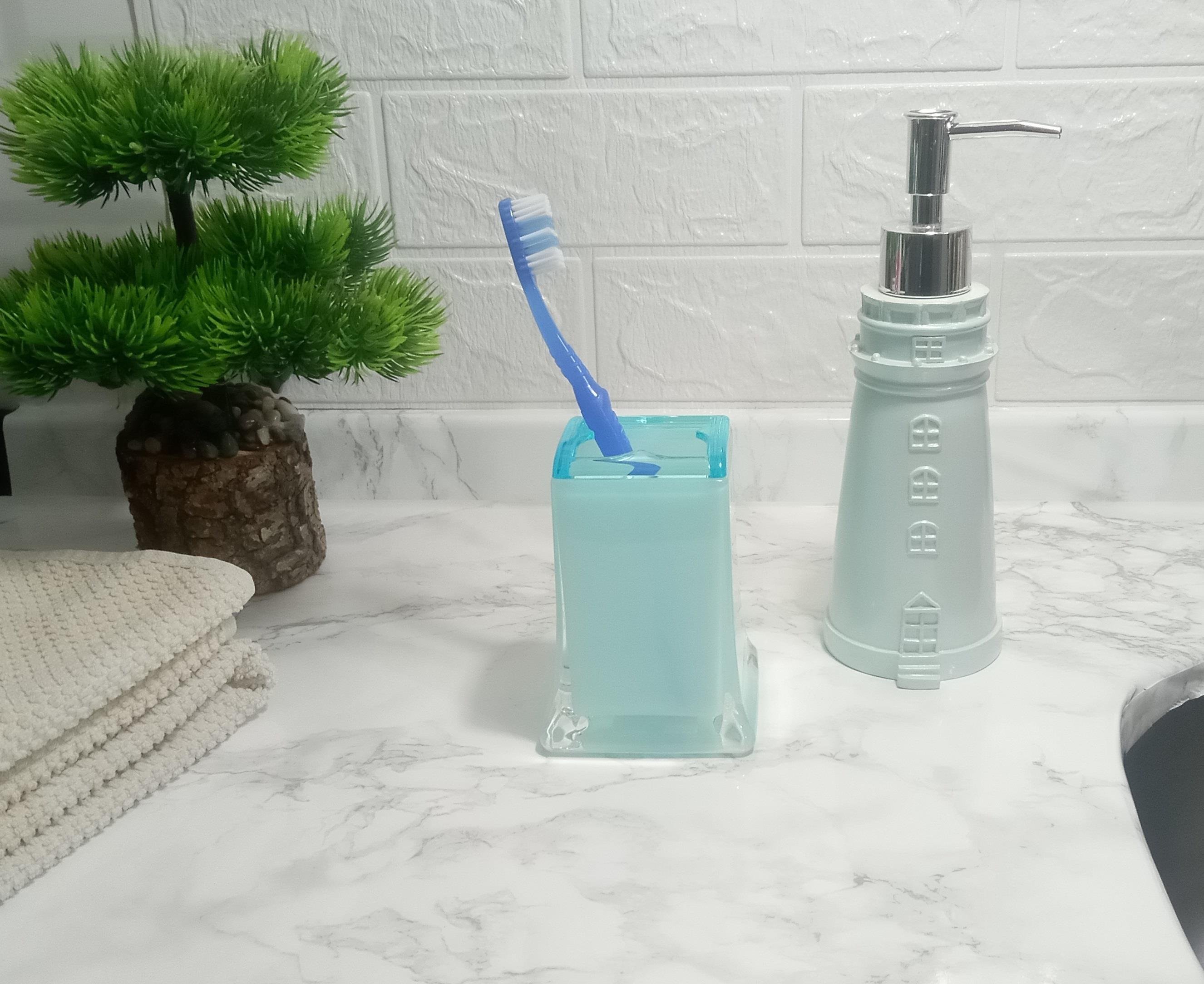 Sıvı Sabunluk,Diş Fırçalık 2 Li Banyo Seti,Deniz Feneri Ve Buz Mavi