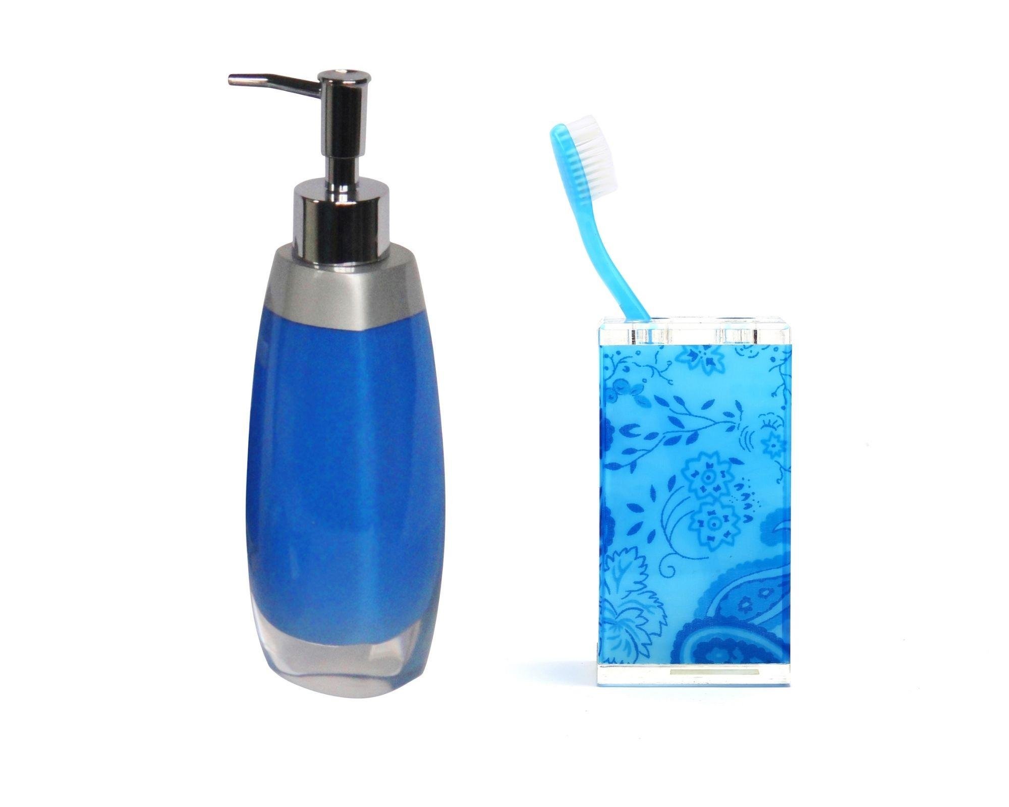 Sıvı Sabunluk,Diş Fırçalık 2 Li Banyo Seti,Gri Mavi Ve Çiçekli