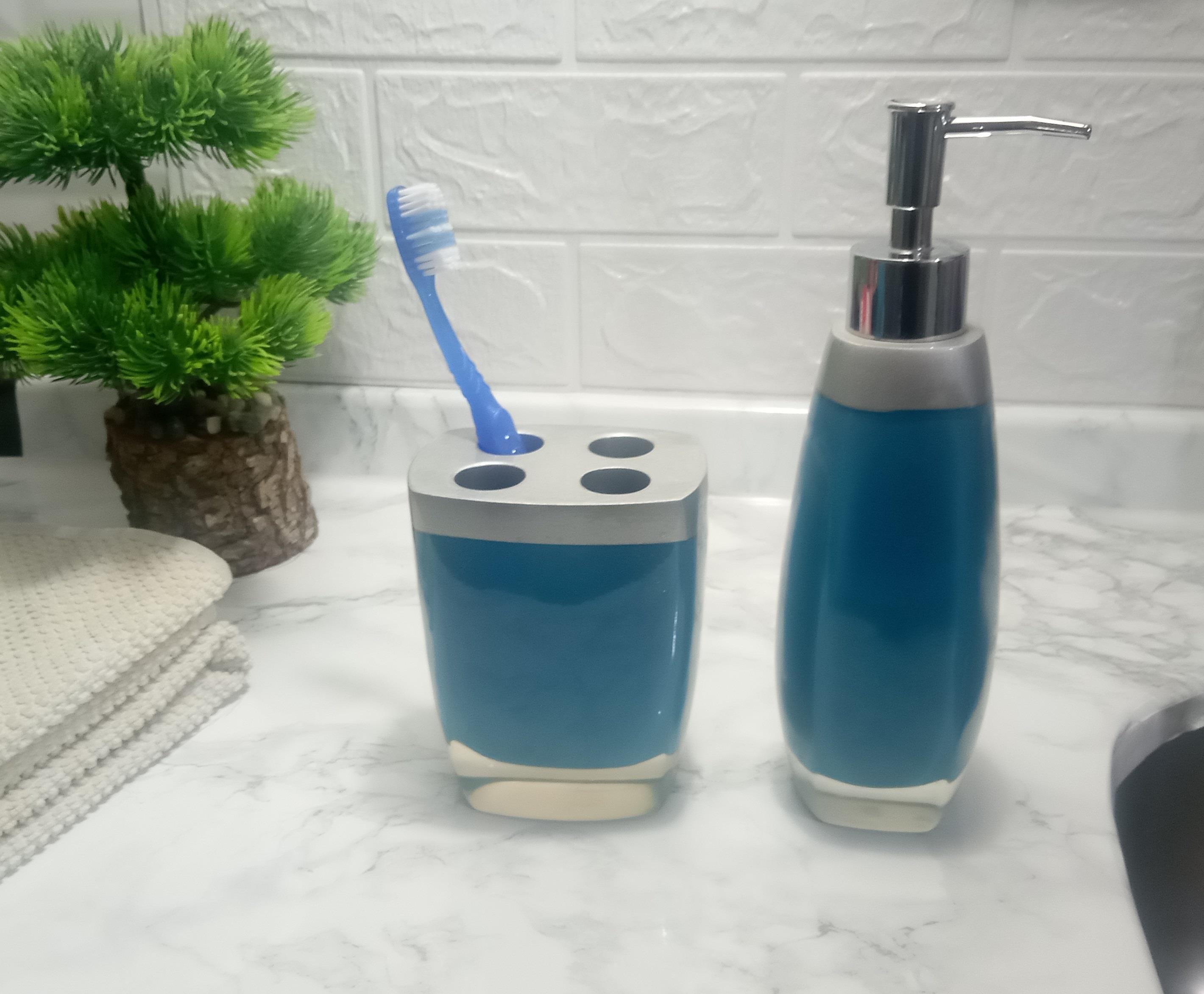 Sıvı Sabunluk,Diş Fırçalık 2 Li Banyo Seti,Gri Mavi  