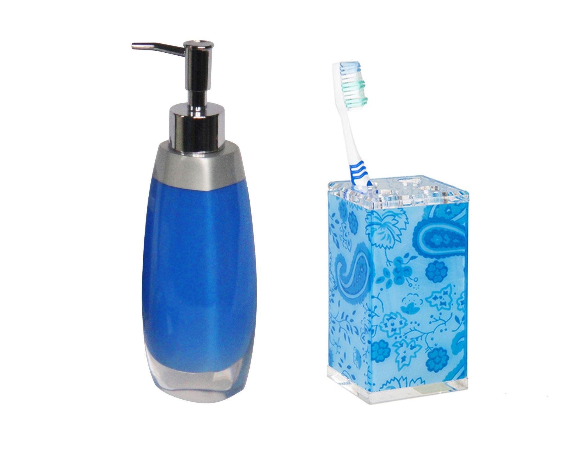 Sıvı Sabunluk,Diş Fırçalık 2 Li Banyo Seti,Gri Mavi Ve Çiçekli
