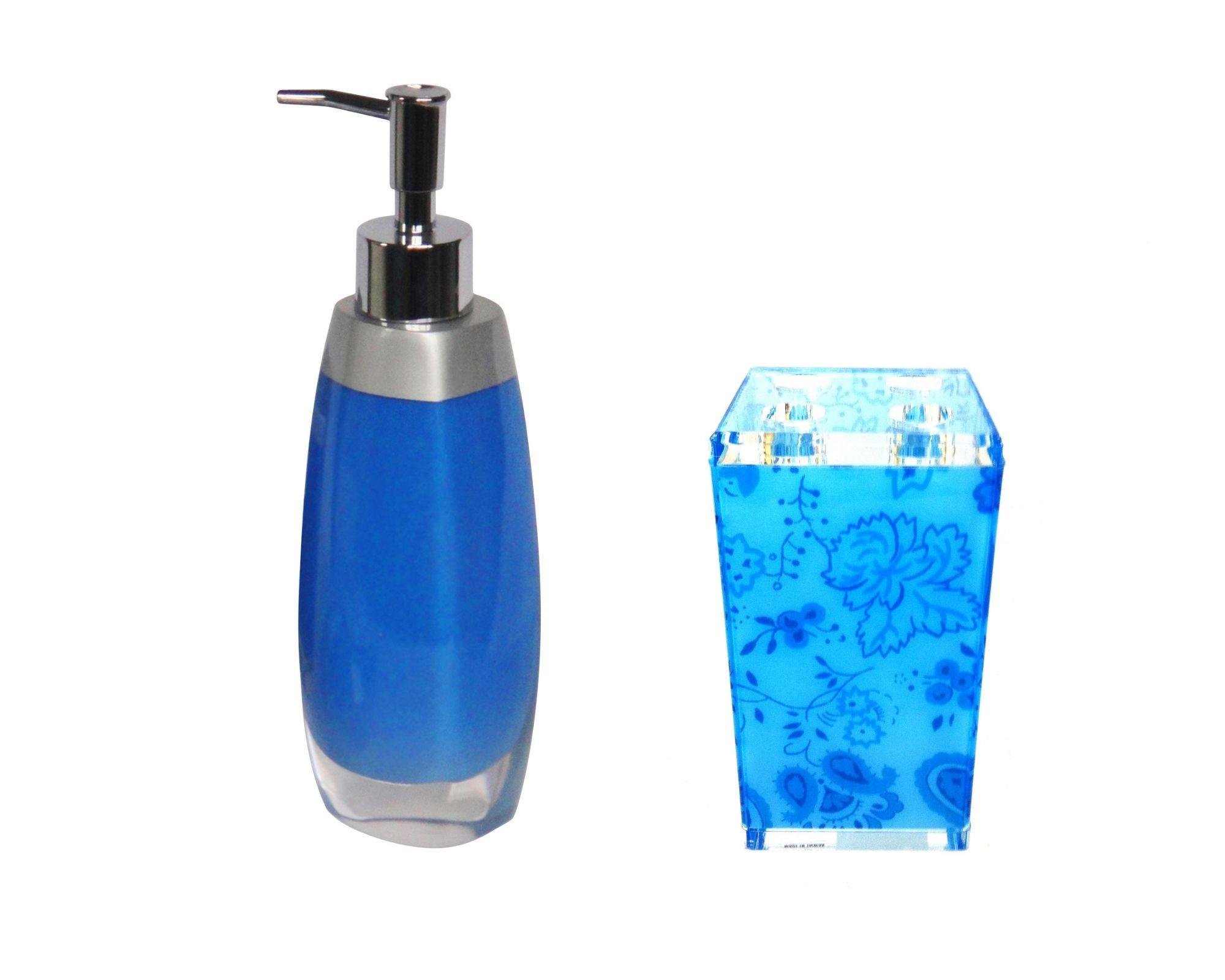 Sıvı Sabunluk,Diş Fırçalık 2 Li Banyo Seti,Gri Mavi Ve Çiçekli