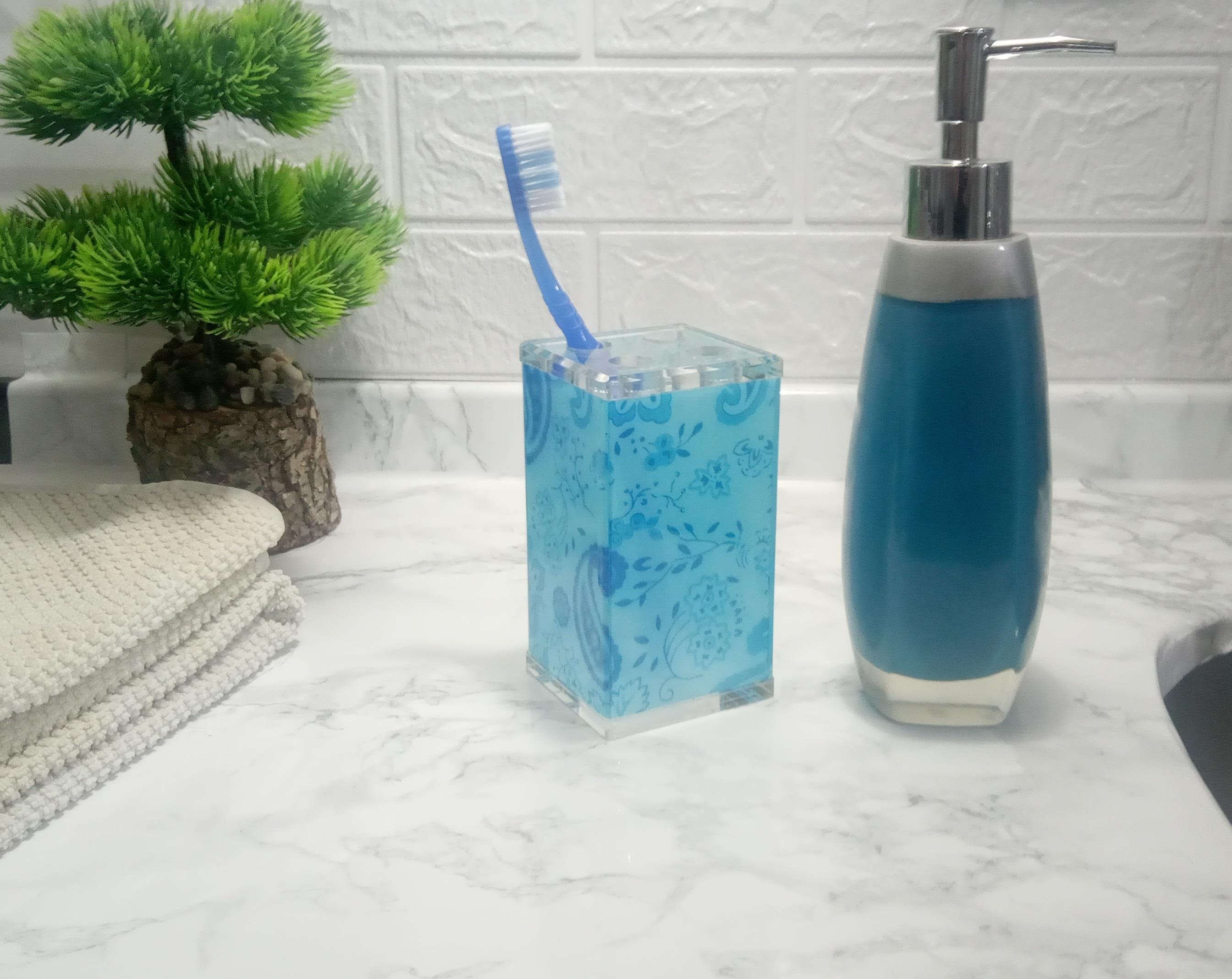 Sıvı Sabunluk,Diş Fırçalık 2 Li Banyo Seti,Gri Mavi Ve Çiçekli