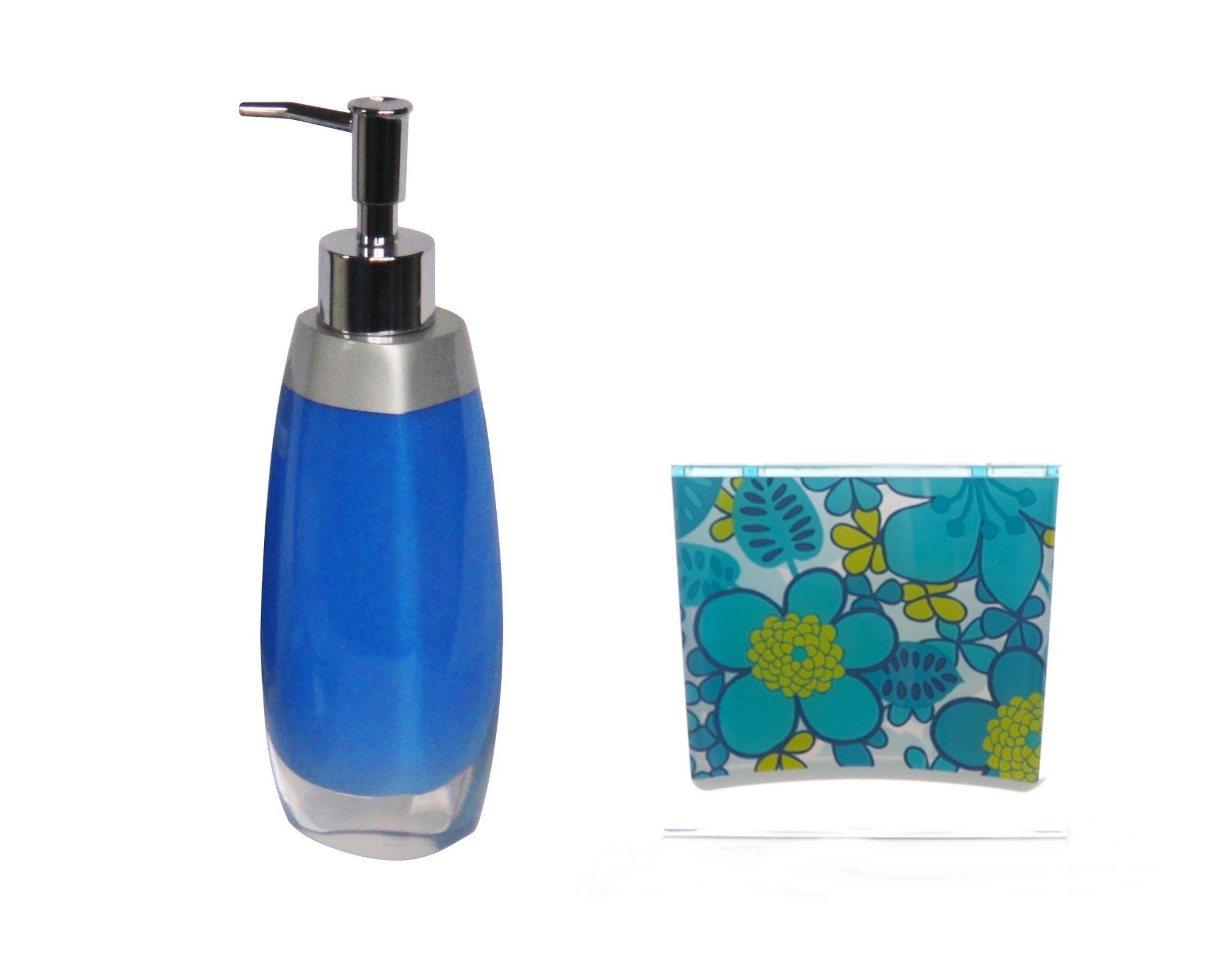 Sıvı Sabunluk,Diş Fırçalık 2 Li Banyo Seti,Gri Mavi Ve Çiçekli