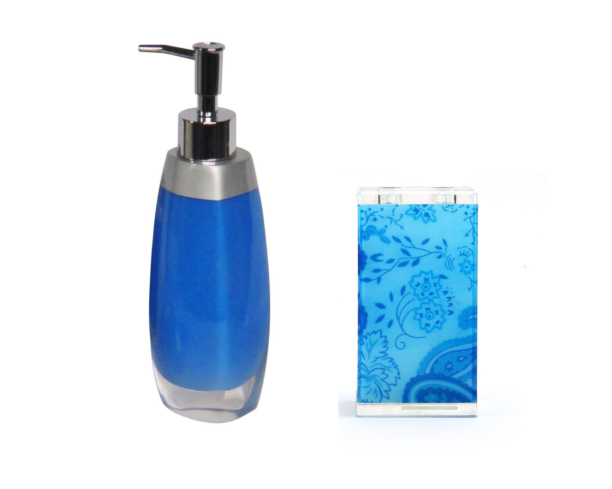 Sıvı Sabunluk,Diş Fırçalık 2 Li Banyo Seti,Gri Mavi Ve Çiçekli