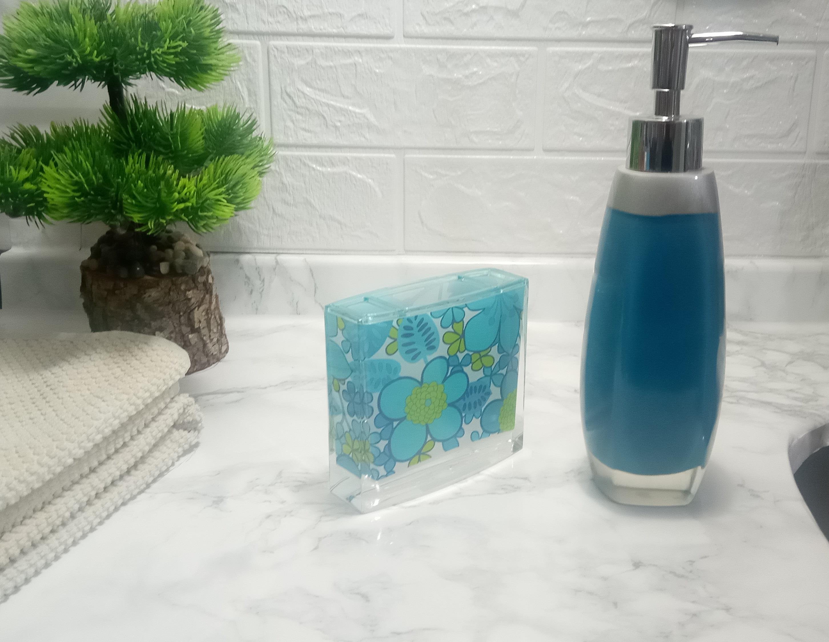 Sıvı Sabunluk,Diş Fırçalık 2 Li Banyo Seti,Gri Mavi Ve Çiçekli