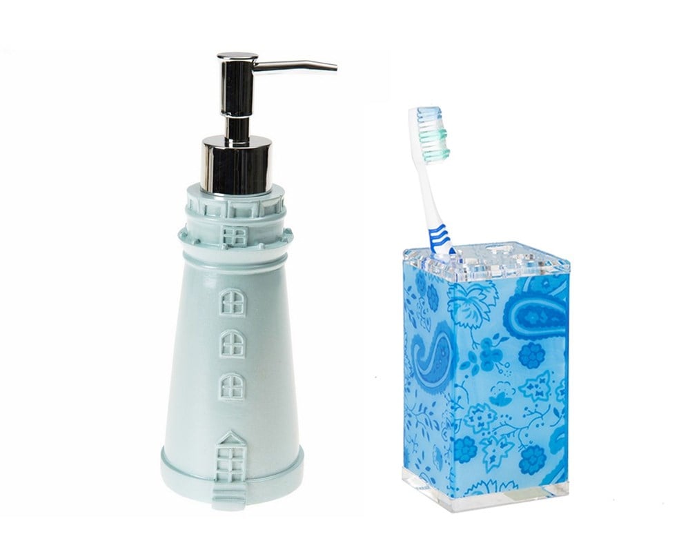 SIVI SABUNLUK,DİŞ FIRÇALIK 2 Lİ BANYO SETİ,DENİZ FENERİ VE MAVİ ÇİÇEKLİ