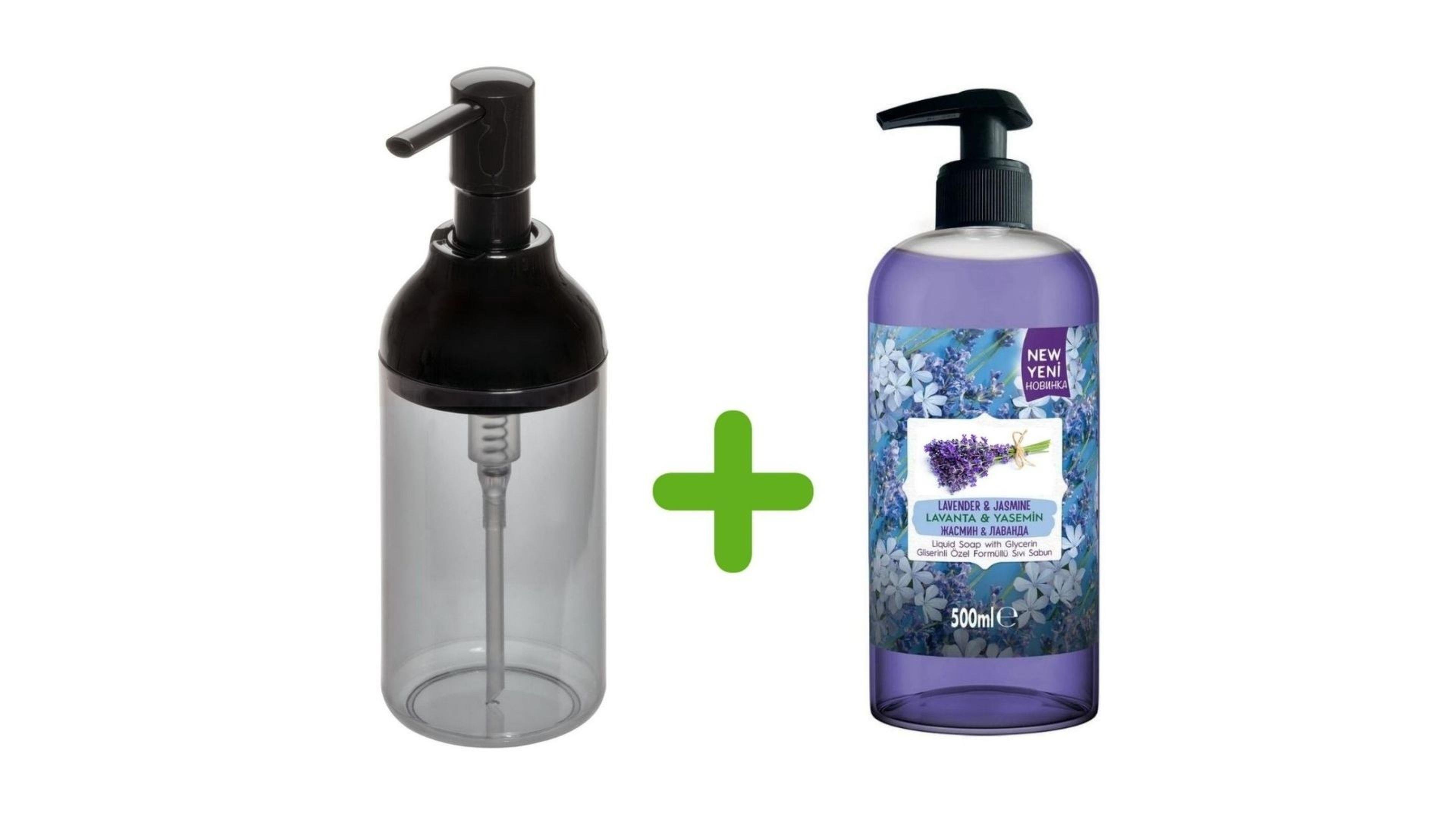 Siyah Füme Sıvı Sabunluk Ve 1 Adet 400 ml Sıvı Sabun Lavanta Kokulu
