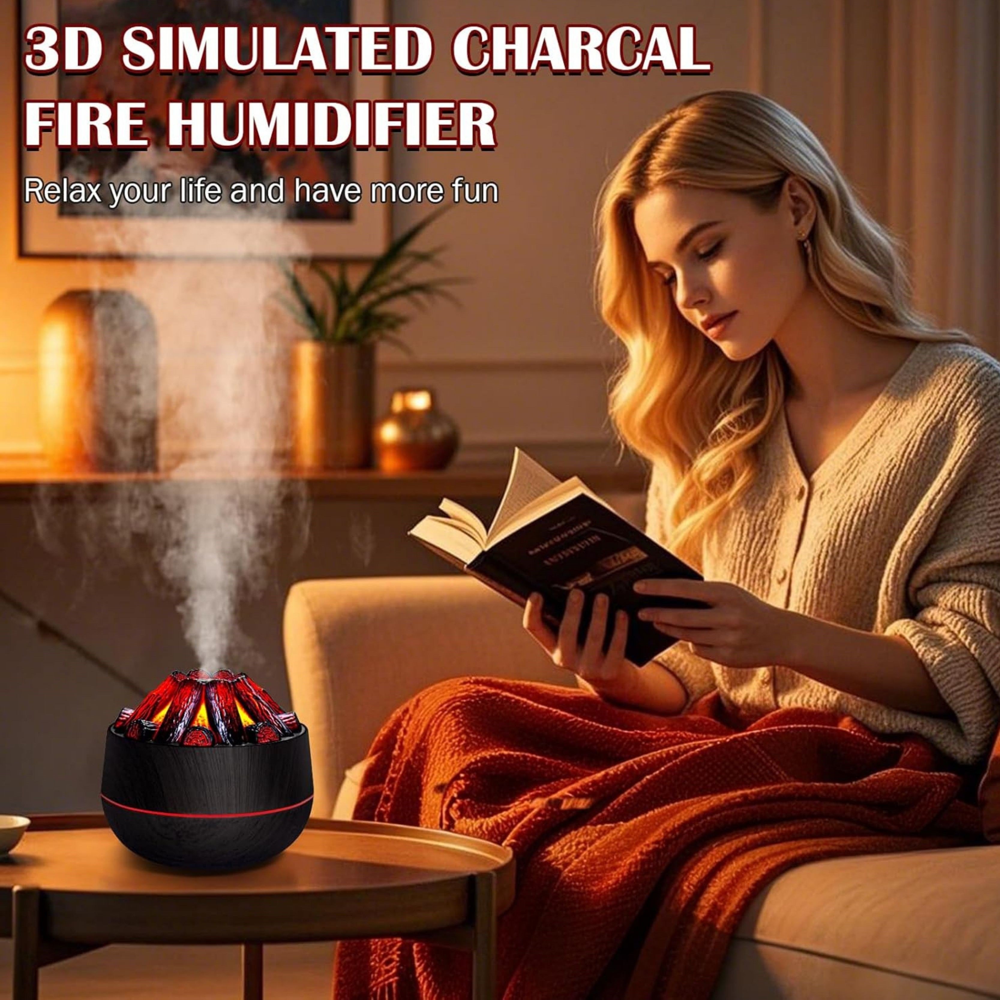 Şömine  Tasarımlı Usb Lı Led Aydınlatmalı Hava Nemlendirici,Aromaterapik Hava Difüzörü,Buhurdanlık,,Sis Spreyli Gece Lambası, 300 Ml 10X10X10,3Cm Koyu Kahverengi