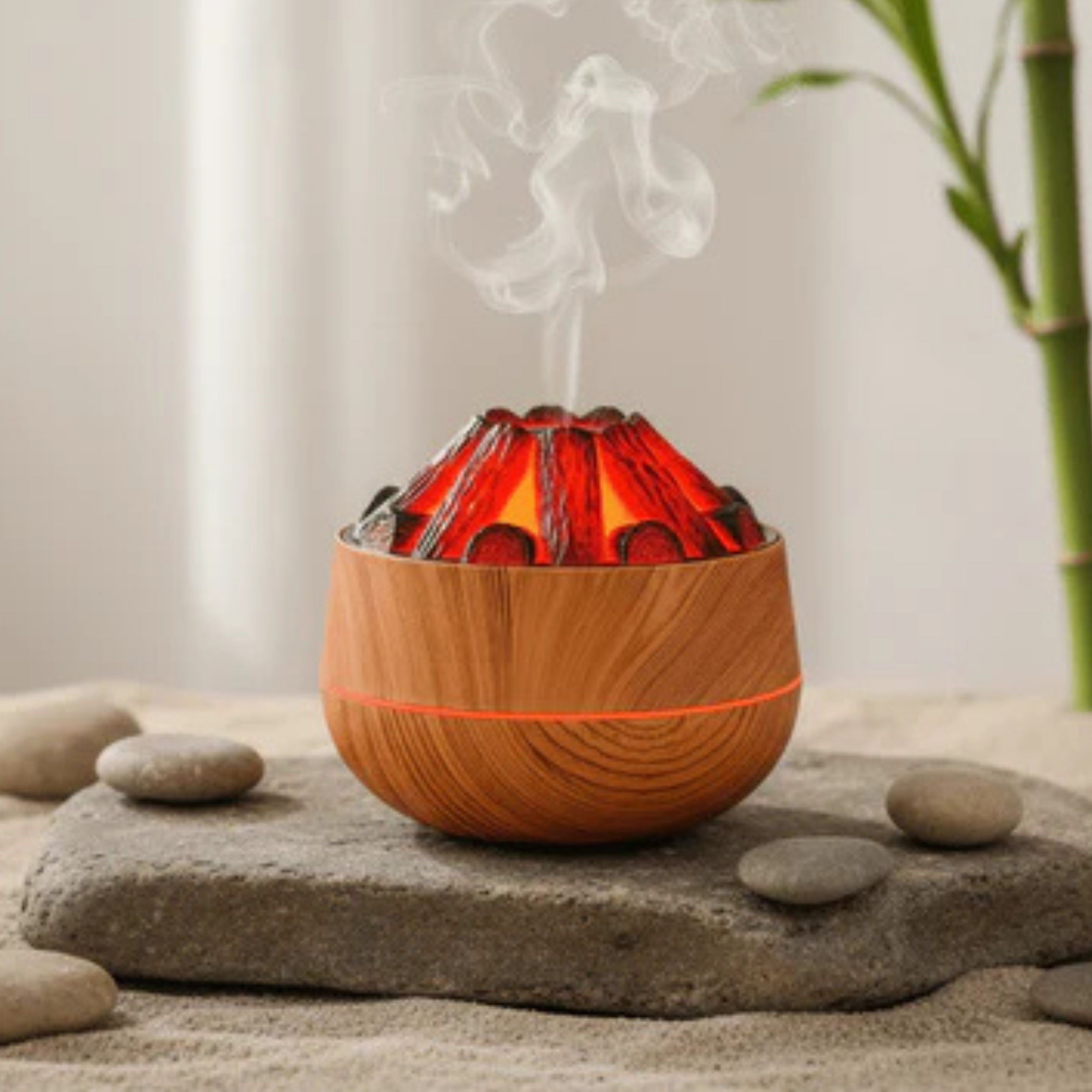 Şömine  Tasarımlı Usb Lı Led Aydınlatmalı Hava Nemlendirici,Aromaterapik Hava Difüzörü,Buhurdanlık,,Sis Spreyli Gece Lambası, 300 Ml 10X10X10,3Cm Açık Kahverengi