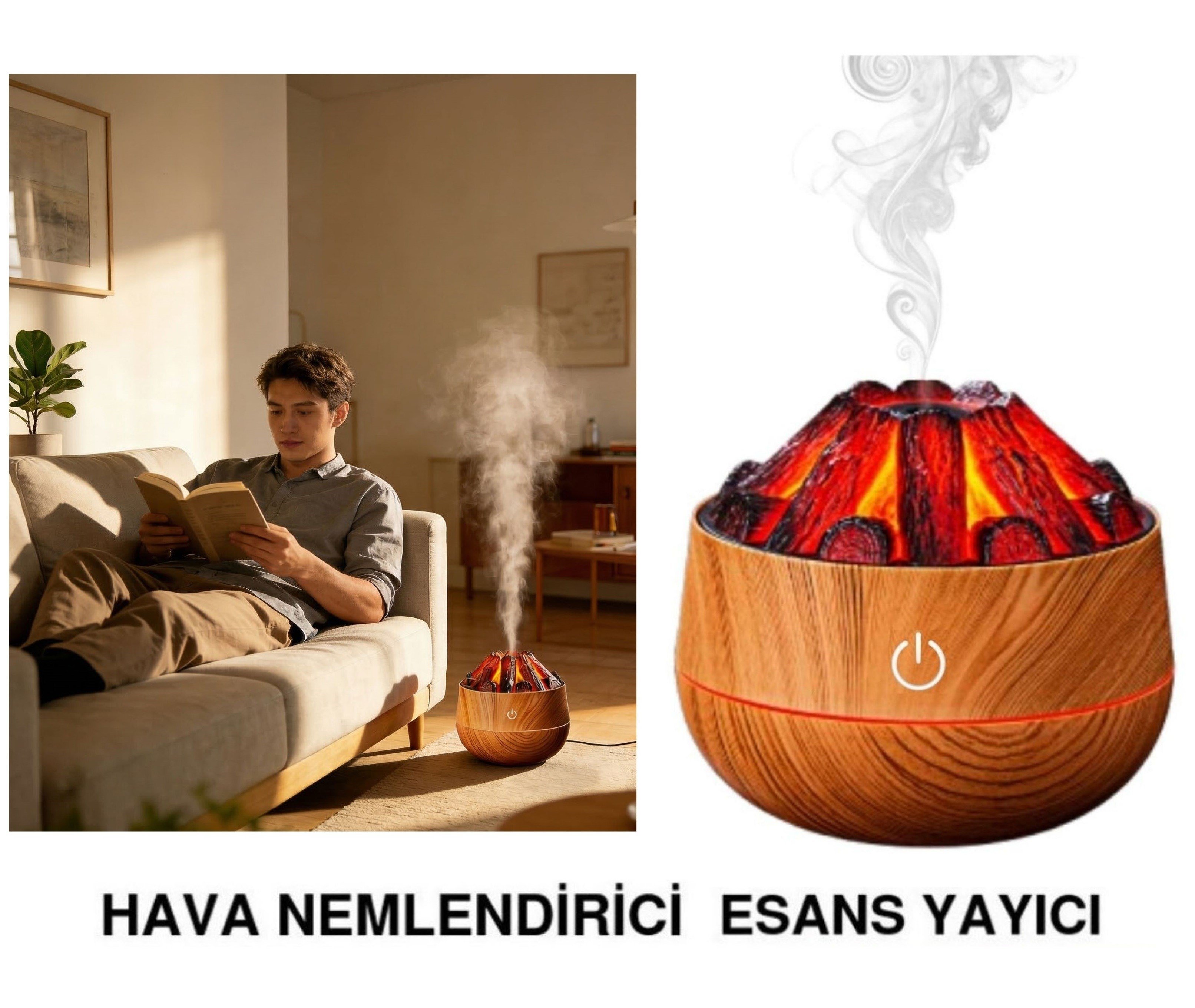 Şömine  Tasarımlı Usb Lı Led Aydınlatmalı Hava Nemlendirici,Aromaterapik Hava Difüzörü,Buhurdanlık,,Sis Spreyli Gece Lambası, 300 Ml 10X10X10,3Cm Açık Kahverengi