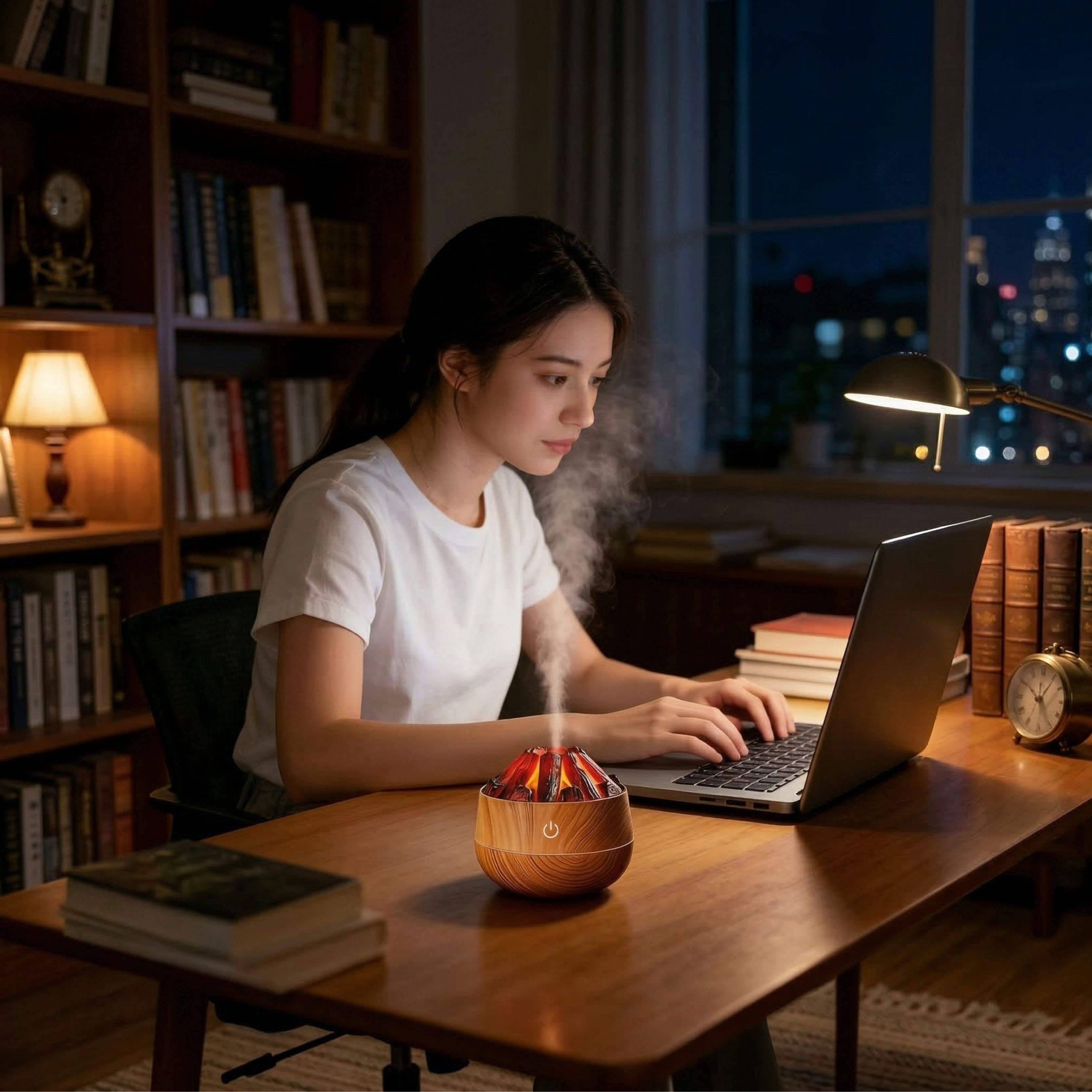 Şömine  Tasarımlı Usb Lı Led Aydınlatmalı Hava Nemlendirici,Aromaterapik Hava Difüzörü,Buhurdanlık,,Sis Spreyli Gece Lambası, 300 Ml 10X10X10,3Cm Açık Kahverengi