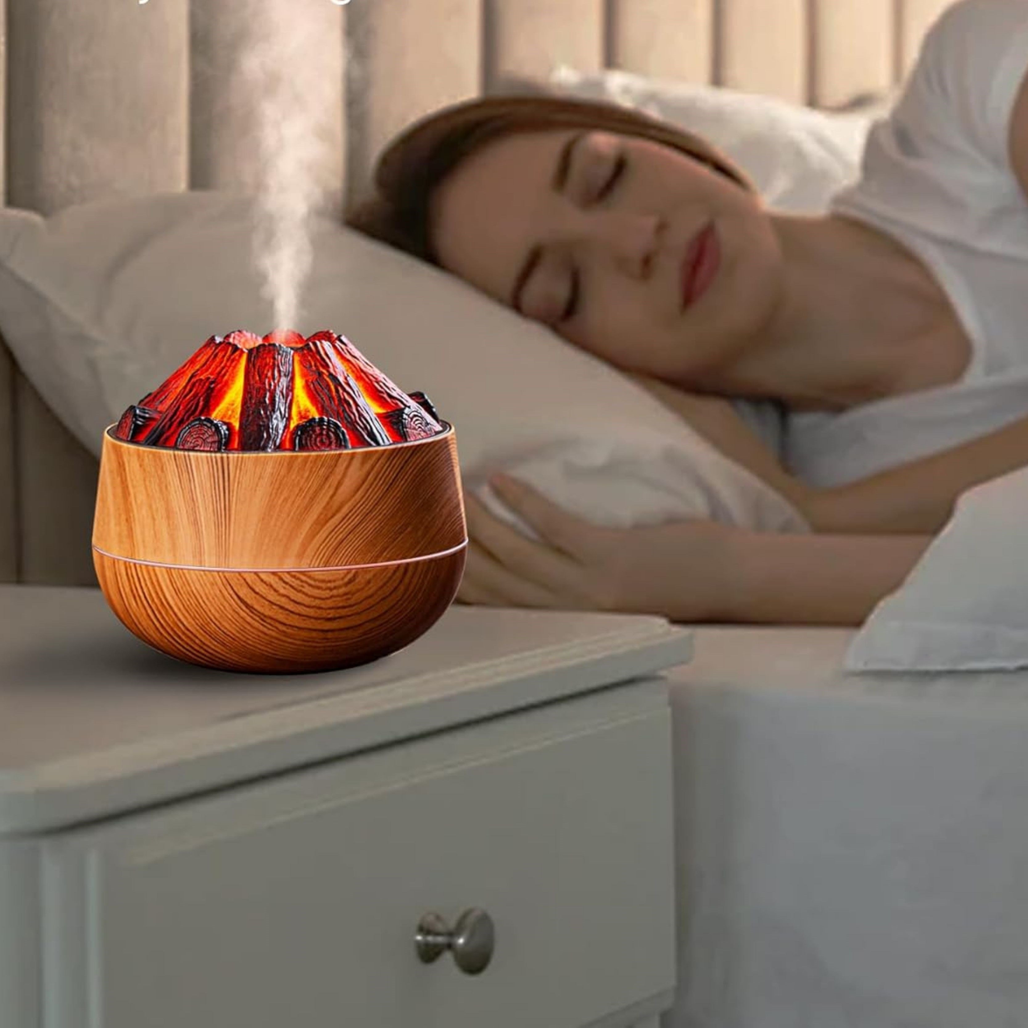 Şömine  Tasarımlı Usb Lı Led Aydınlatmalı Hava Nemlendirici,Aromaterapik Hava Difüzörü,Buhurdanlık,,Sis Spreyli Gece Lambası, 300 Ml 10X10X10,3Cm Açık Kahverengi