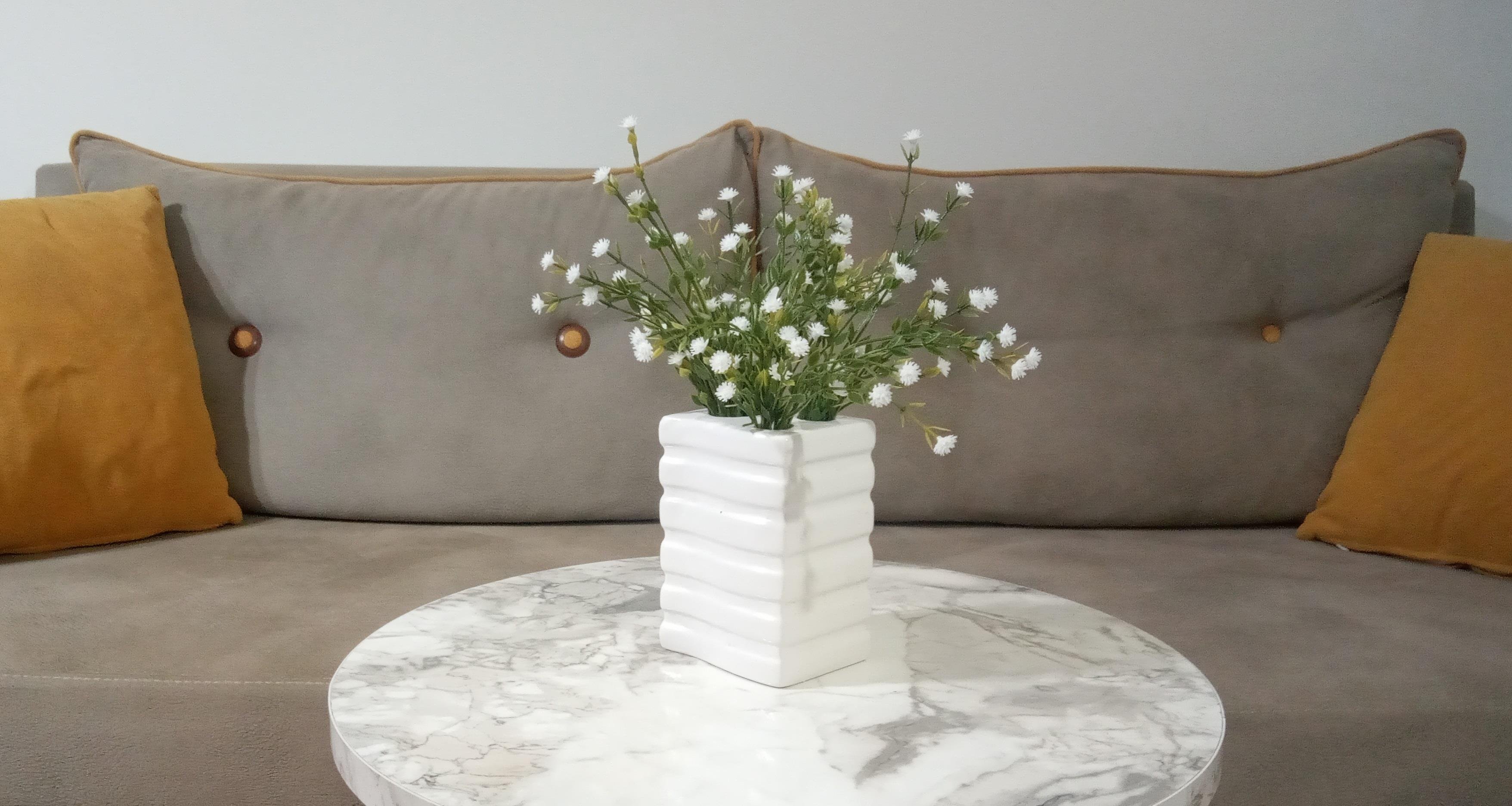 Vazoda Çiçek,Beyaz Yapay Çiçek,Vazo Dekoratif Kare Çizgili 8X6X16Cm