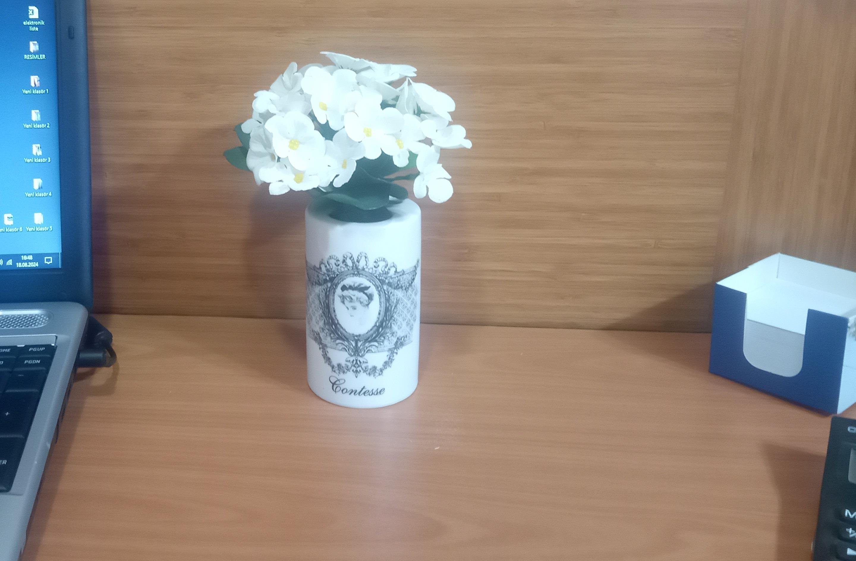 Vazoda Çiçek,Beyaz Yapay Çiçek,Vazo Dekoratif Kraliçe Model 7X7X16Cm 