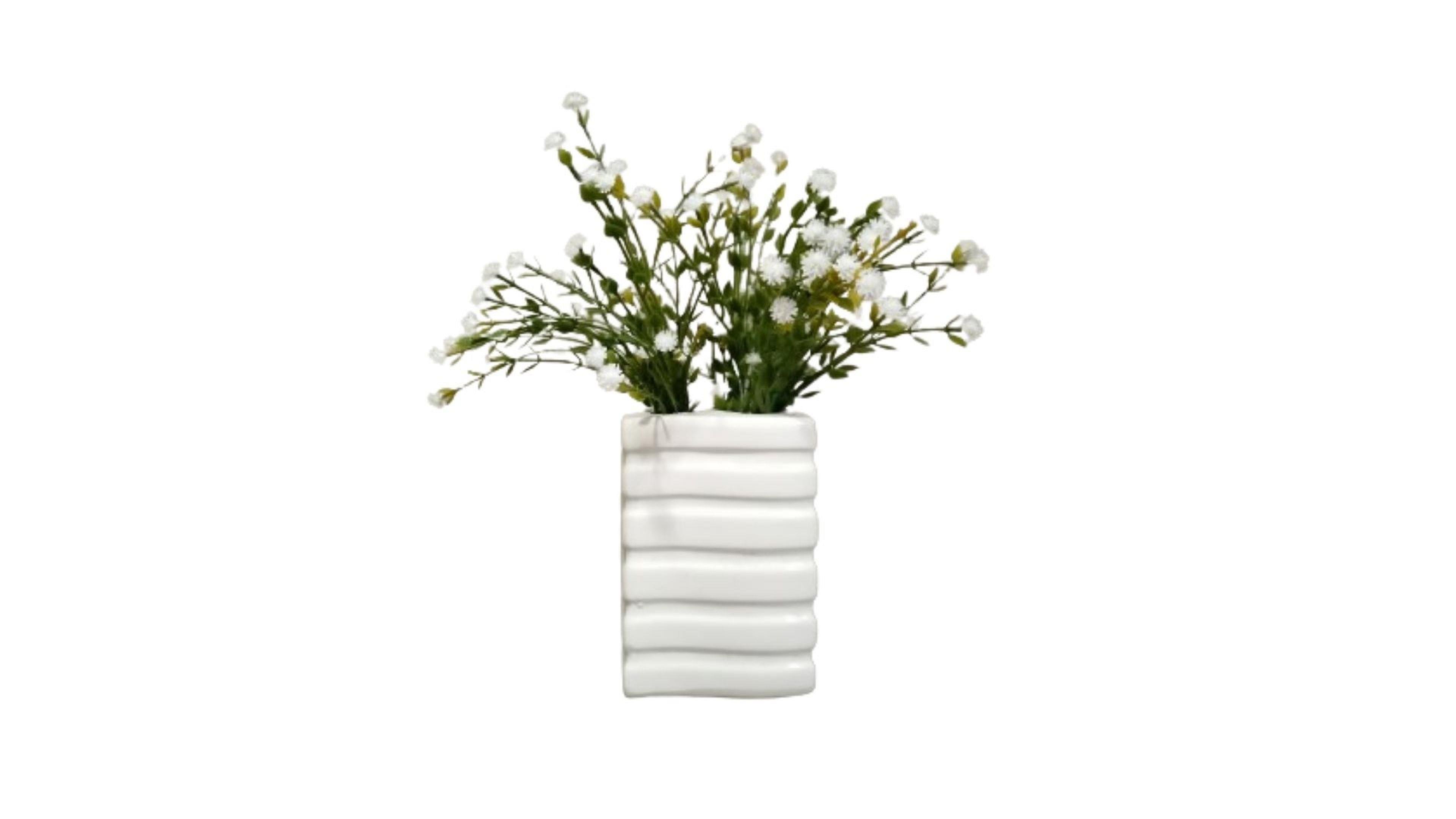 Vazoda Çiçek,Beyaz Yapay Çiçek,Vazo Dekoratif Kare Çizgili 8X6X16Cm