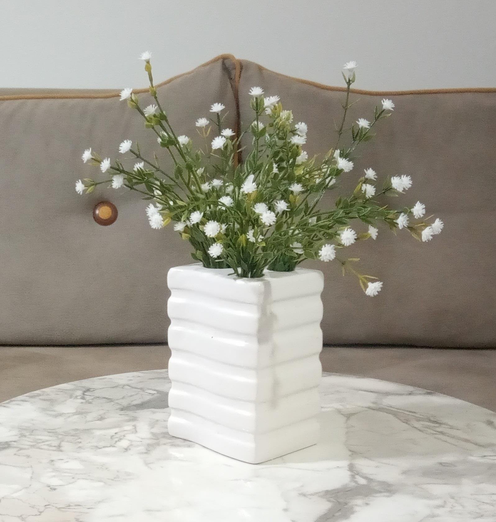 Vazoda Çiçek,Beyaz Yapay Çiçek,Vazo Dekoratif Kare Çizgili 8X6X16Cm