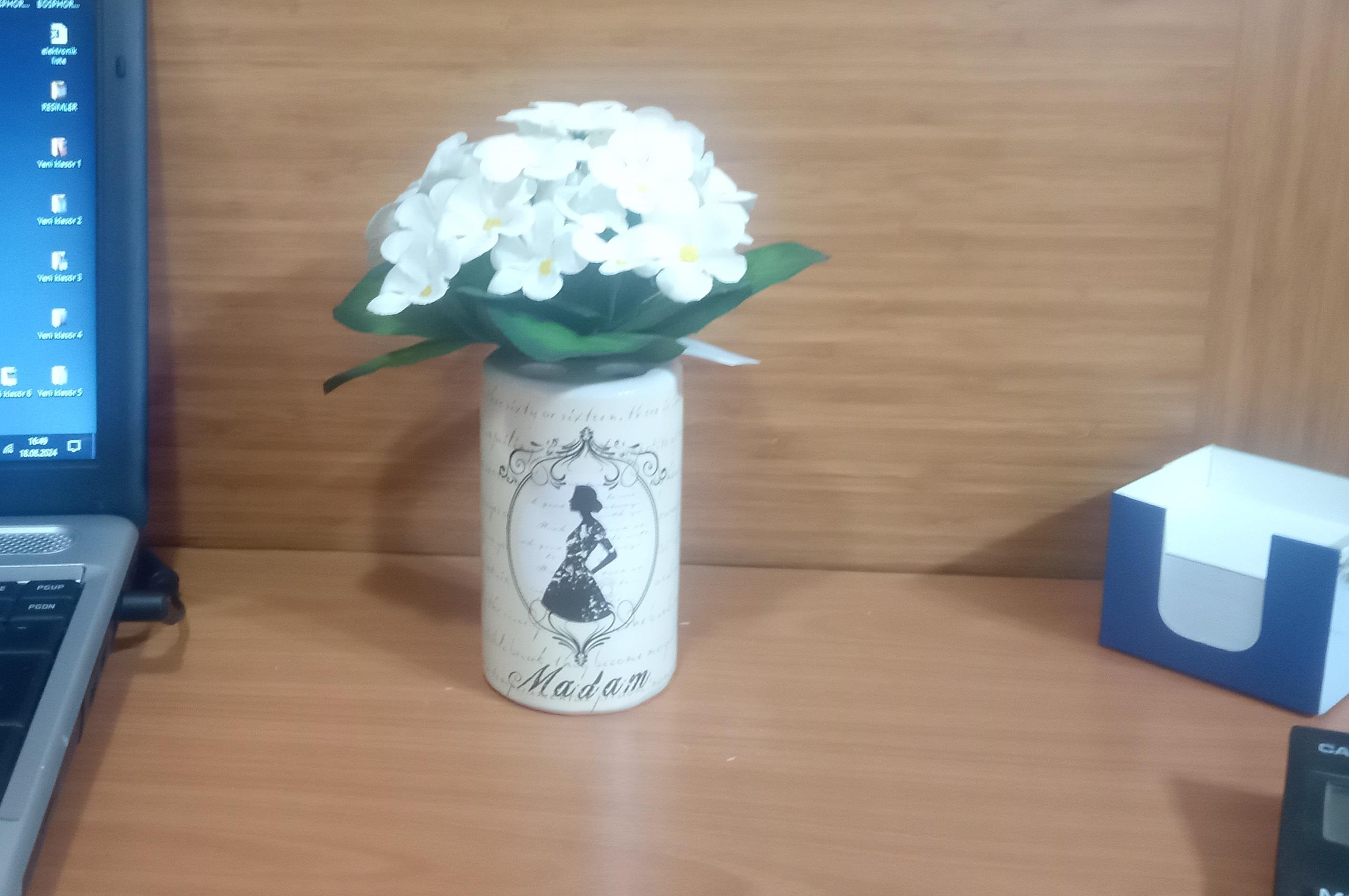 Vazoda Çiçek,Beyaz Yapay Çiçek,Vazo Dekoratif Madam Desenli 7X7X16Cm 