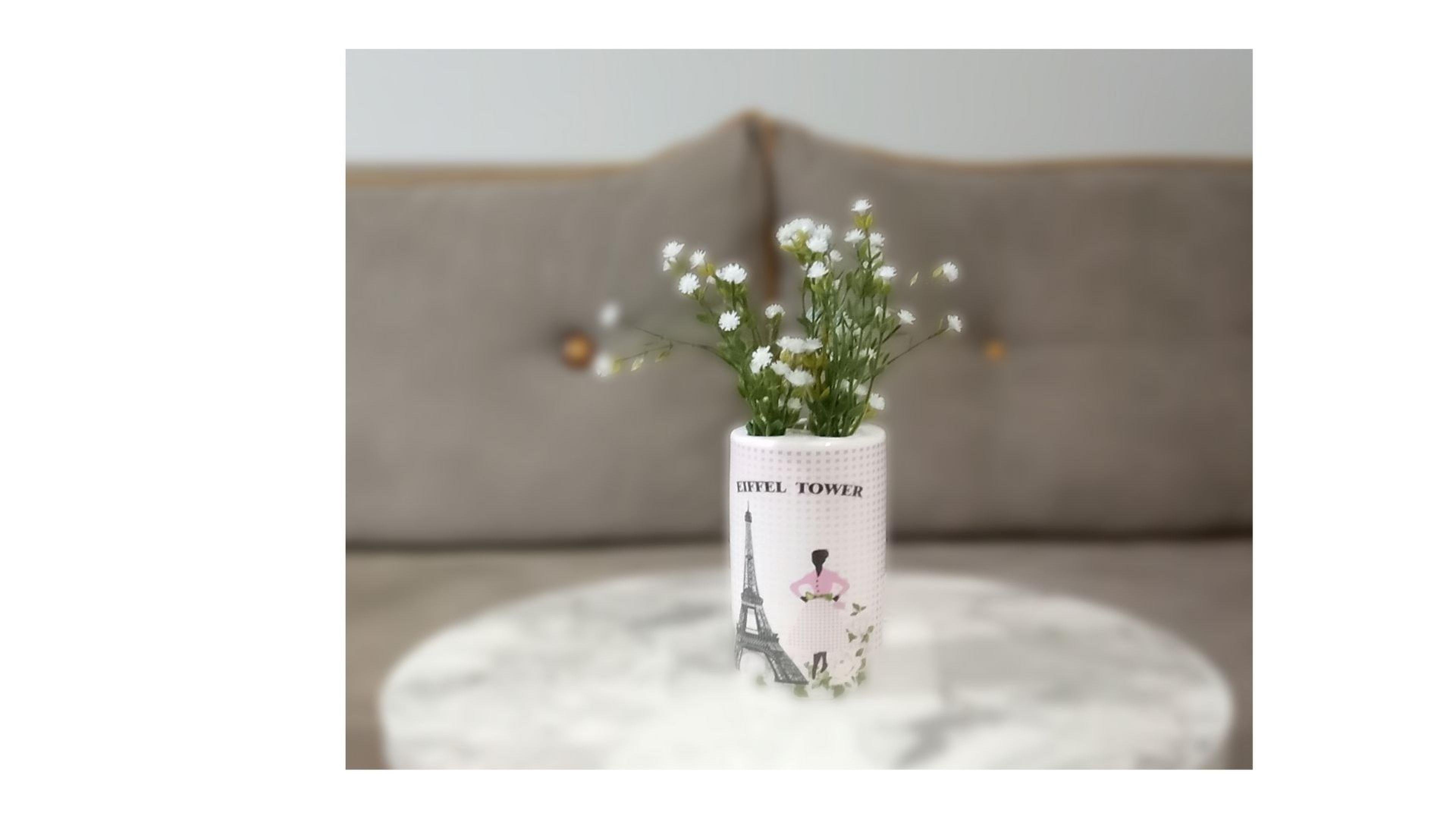 Vazoda Çiçek,Beyaz Yapay Çiçek,Vazo Dekoratif  Eyfel Kulesi 7X7X16Cm