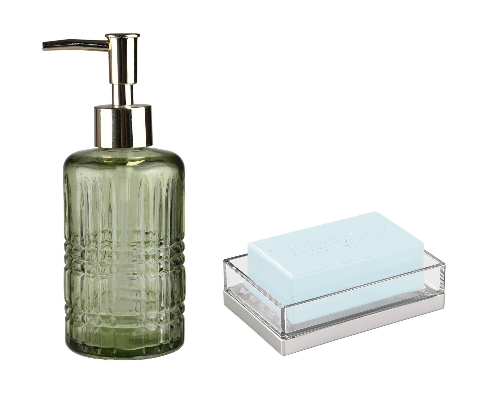 Yeşil Cam Sıvı Sabunluk Ve Akrilik Sabunluk 2 Li Banyo Seti