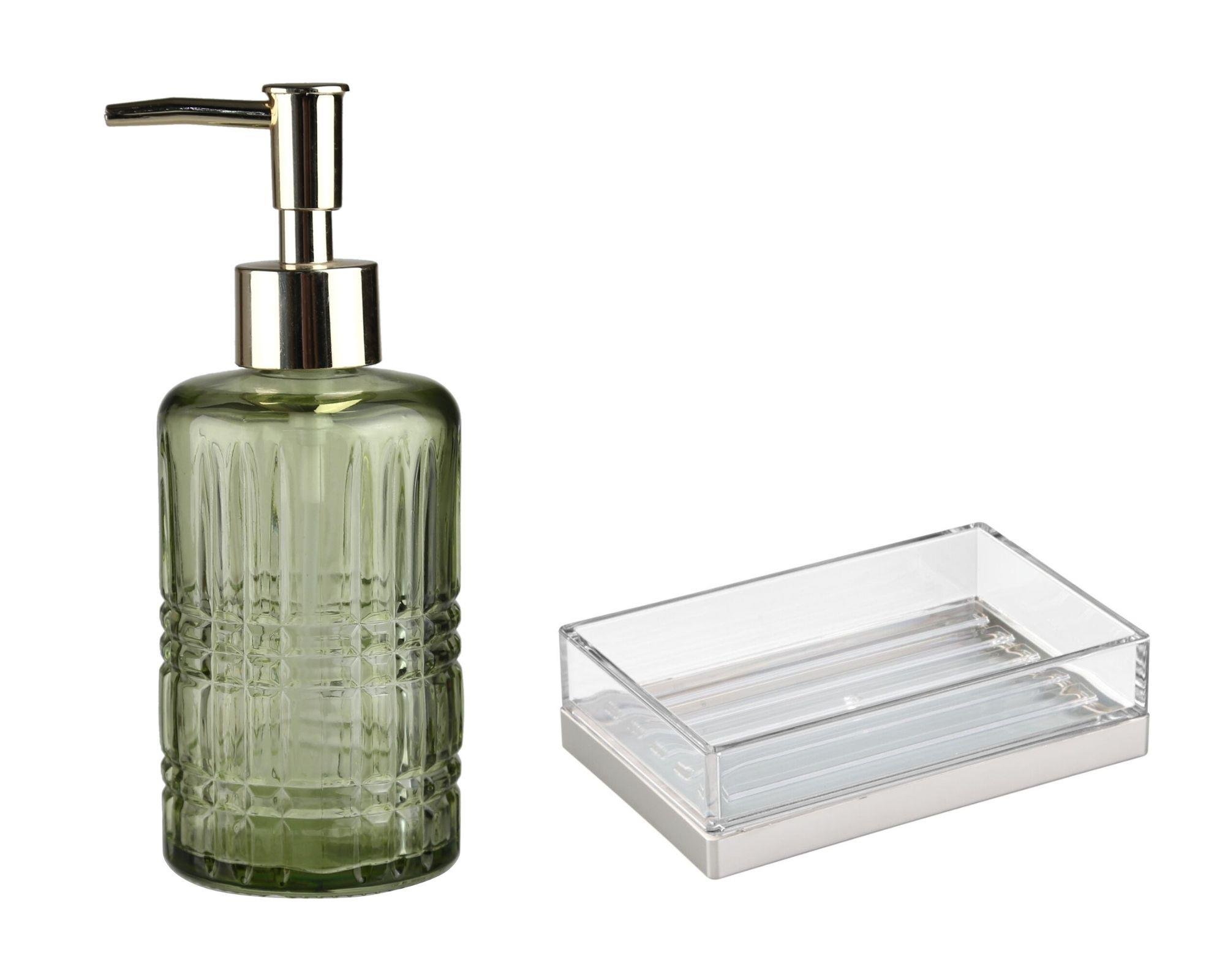 Yeşil Cam Sıvı Sabunluk Ve Akrilik Sabunluk 2 Li Banyo Seti