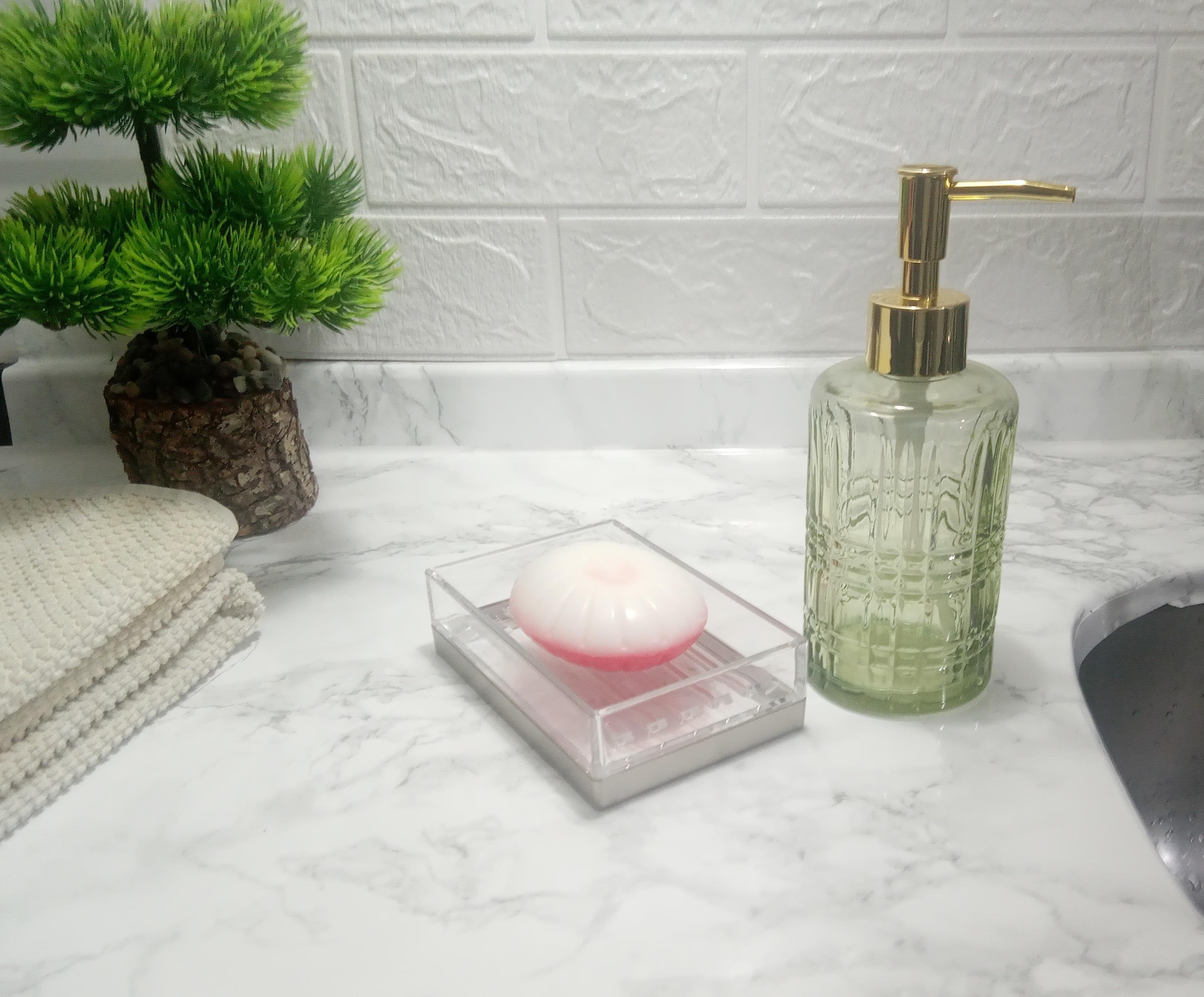 Yeşil Cam Sıvı Sabunluk Ve Akrilik Sabunluk 2 Li Banyo Seti