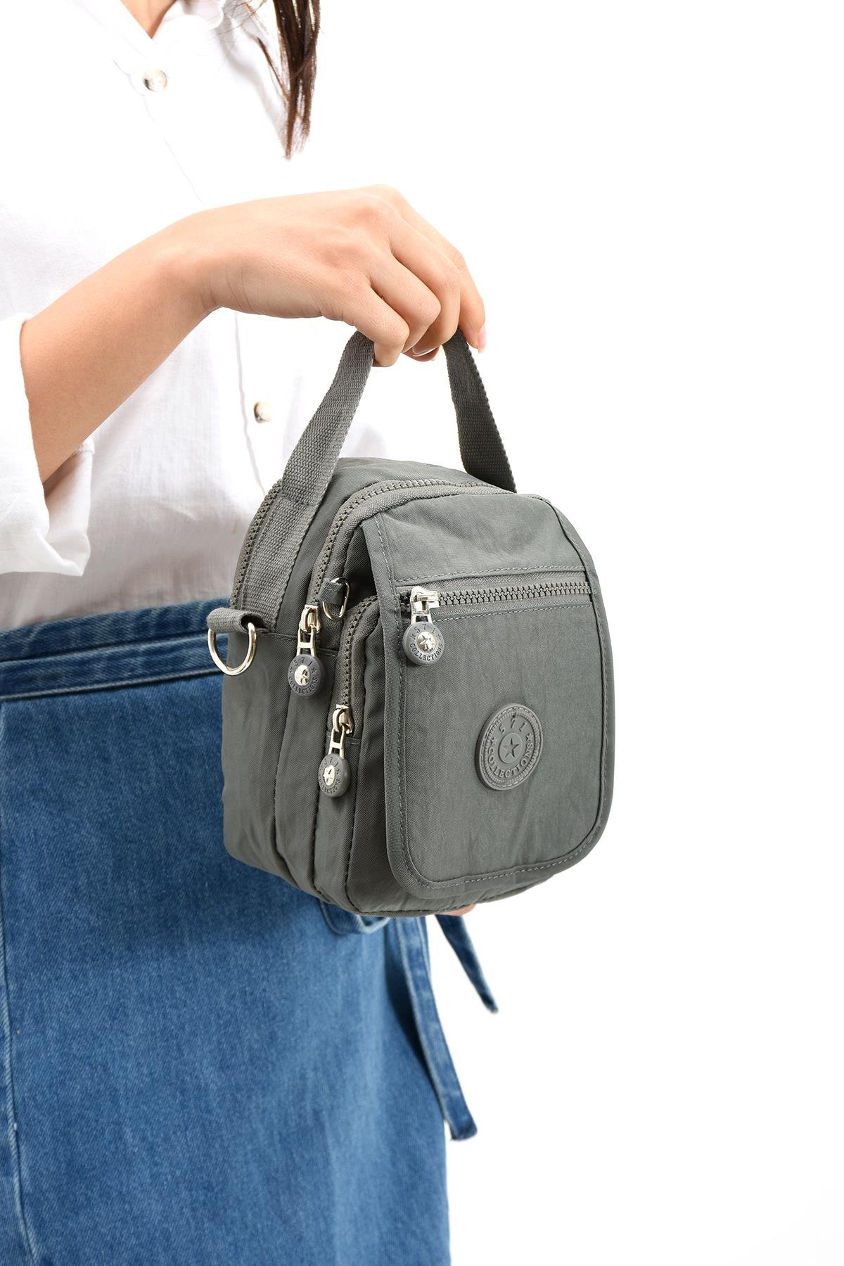 Çapraz Askılı Ultra Hafif Çok Cepli Bayan Omuz Çantası Gri (Model: 571-6K)