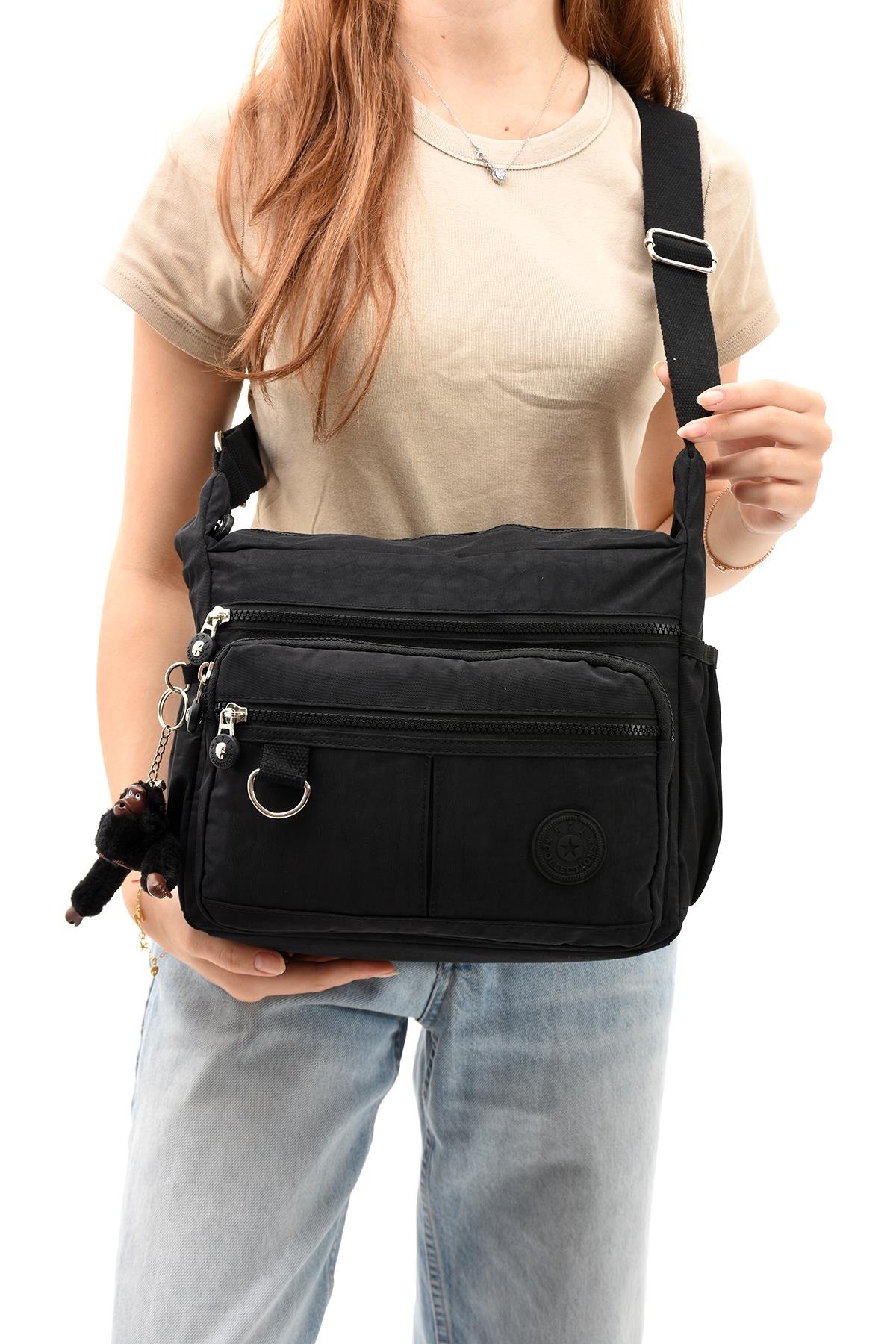 Çapraz Askılı Ultra Hafif Çok Cepli Bayan Omuz Çantası Siyah (Model: 571-6D) 