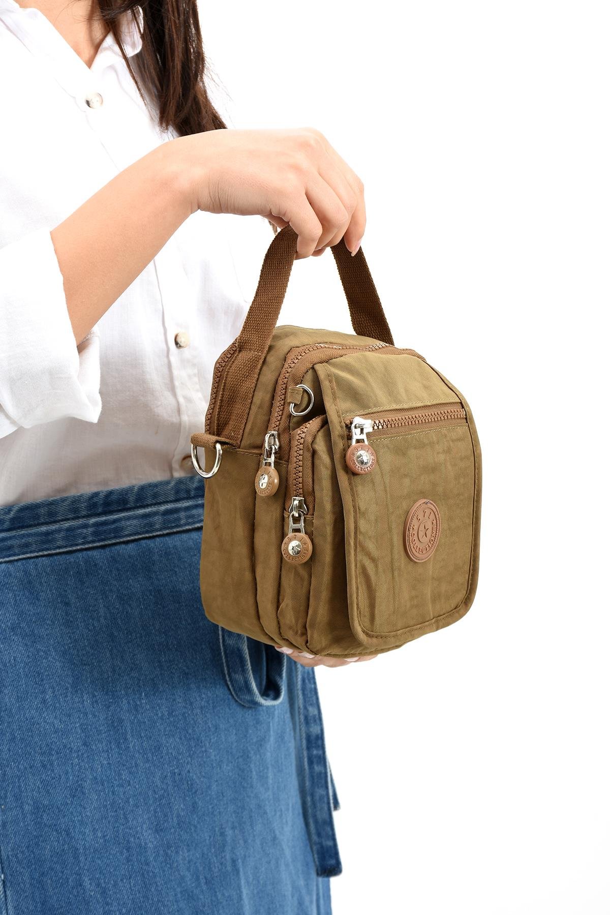 Çapraz Askılı Ultra Hafif Çok Cepli Bayan Omuz Çantası Taba (Model: 571-6K)