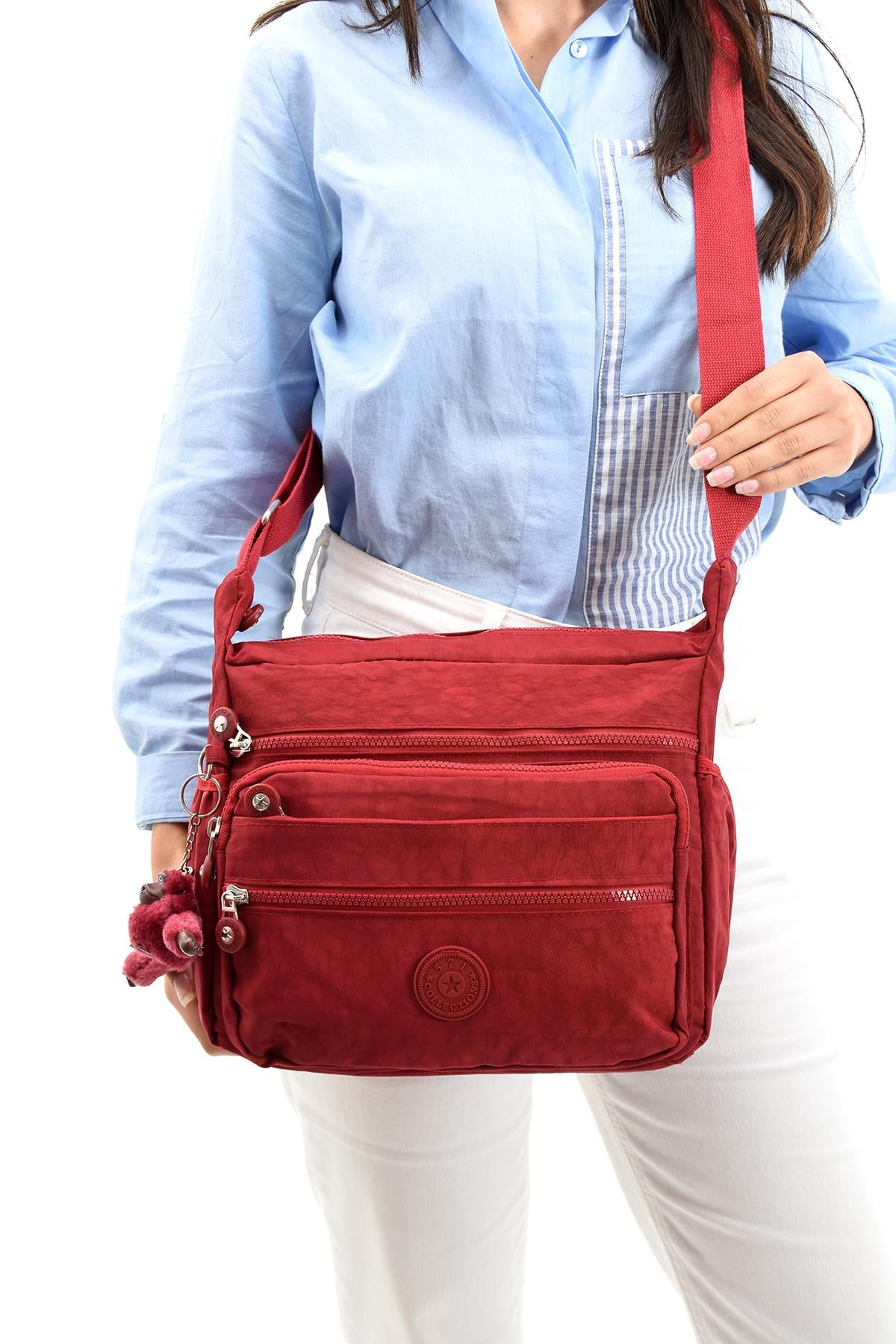 Çapraz Askılı Ultra Hafif Çok Cepli Bayan Omuz Çantası Kırmızı (Model: 571-6A) 