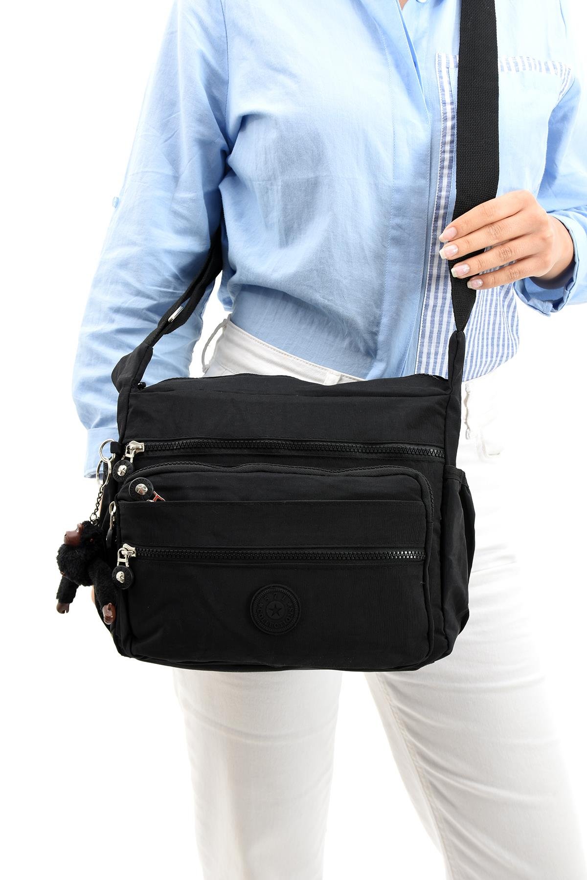 Çapraz Askılı Ultra Hafif Çok Cepli Bayan Omuz Çantası Siyah (Model: 571-6A) 
