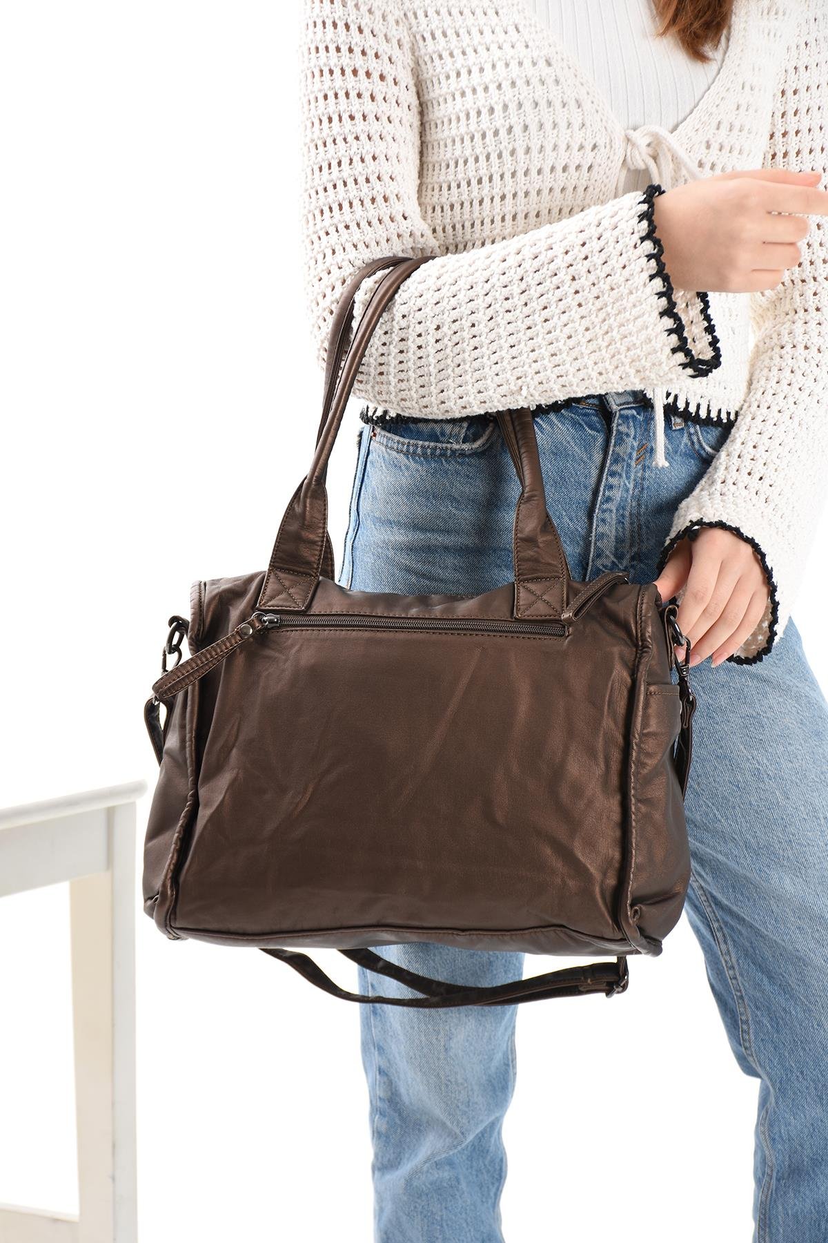 Suni Deri Omuz Çantası Bronz (Model: 571-13-10P) 