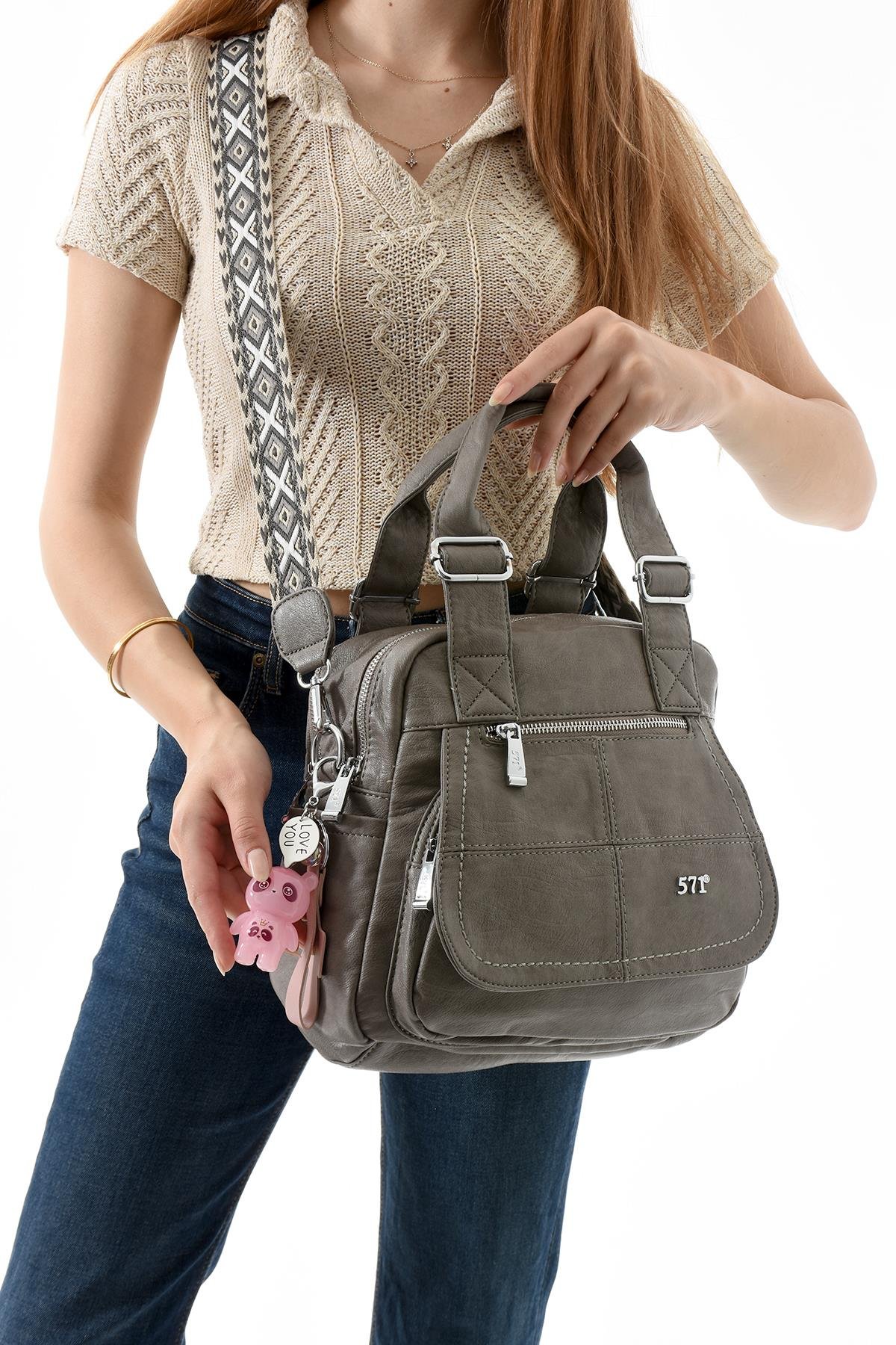 Suni Deri Omuz Çantası Gri (Model: 571-13-17L) 