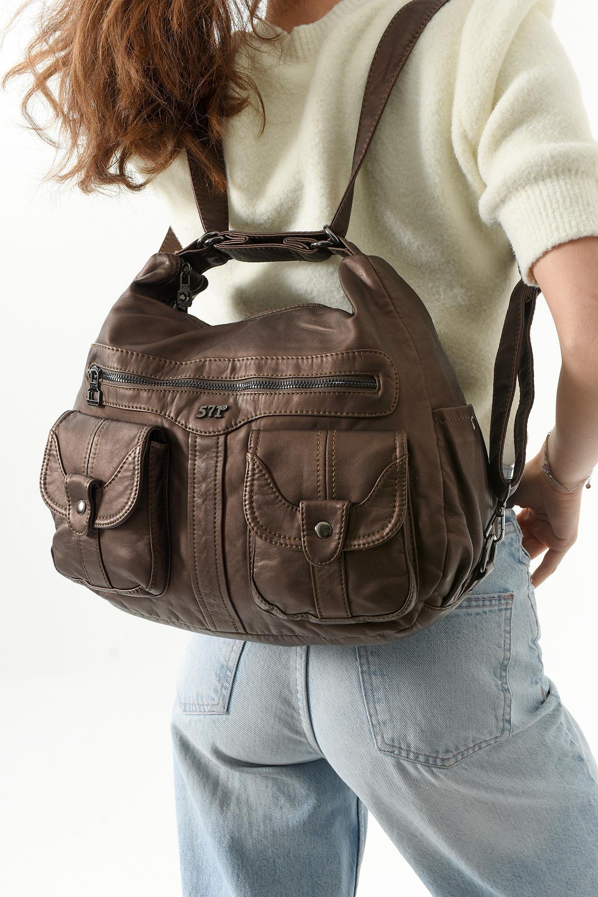 Suni Deri Sırt Çantası Bronz (Model: 571-13-10B)