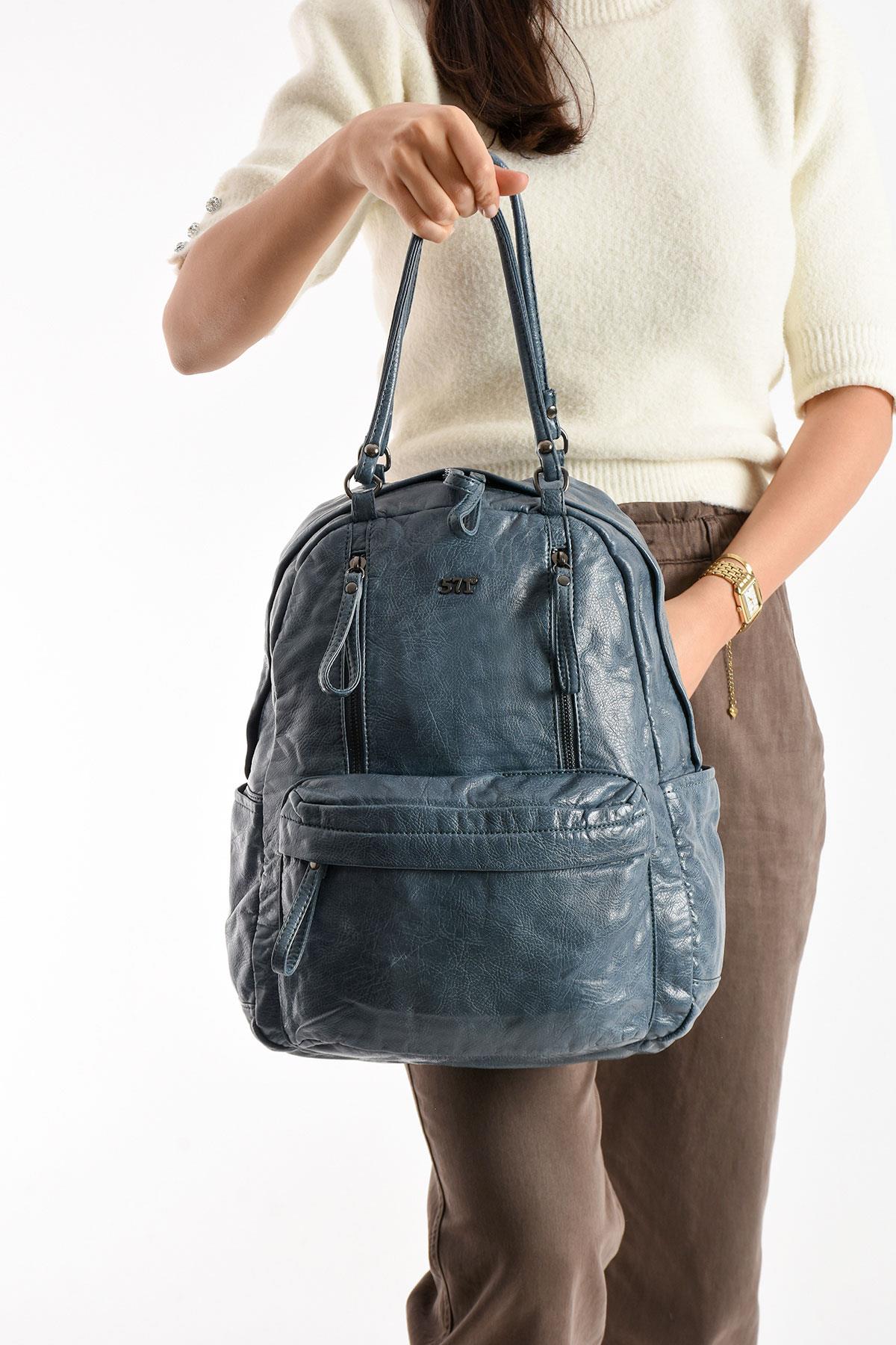 Suni Deri Sırt Çantası Mavi (Model: 571-11-12J)