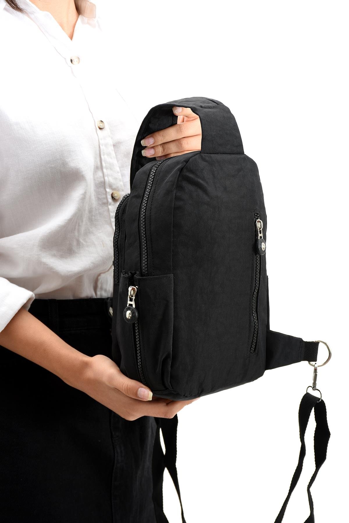 Üç Bölmeli Bodybag Göğüs Omuz Çantası Unisex Siyah (Model: 571-8B)