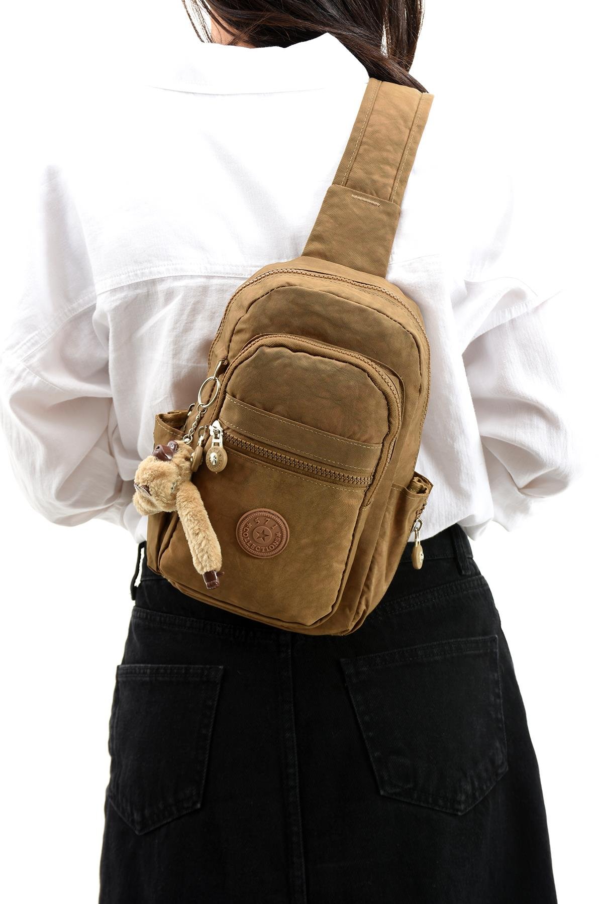 Üç Bölmeli Bodybag Göğüs Omuz Çantası Unisex Taba (Model: 571-8B)