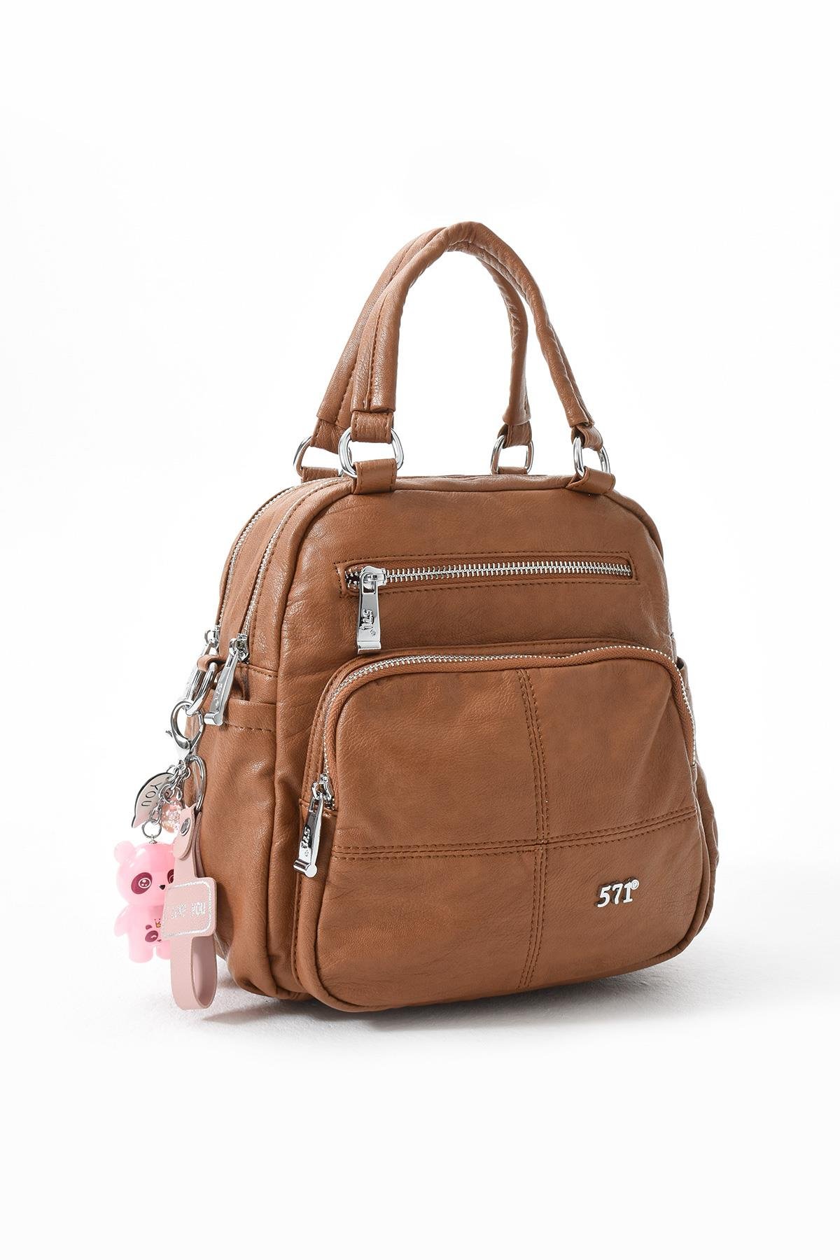 Üç Fonksiyonlu Suni Deri Sırt, Omuz, ve El Çantası Taba  (Model: 571-13-17B))