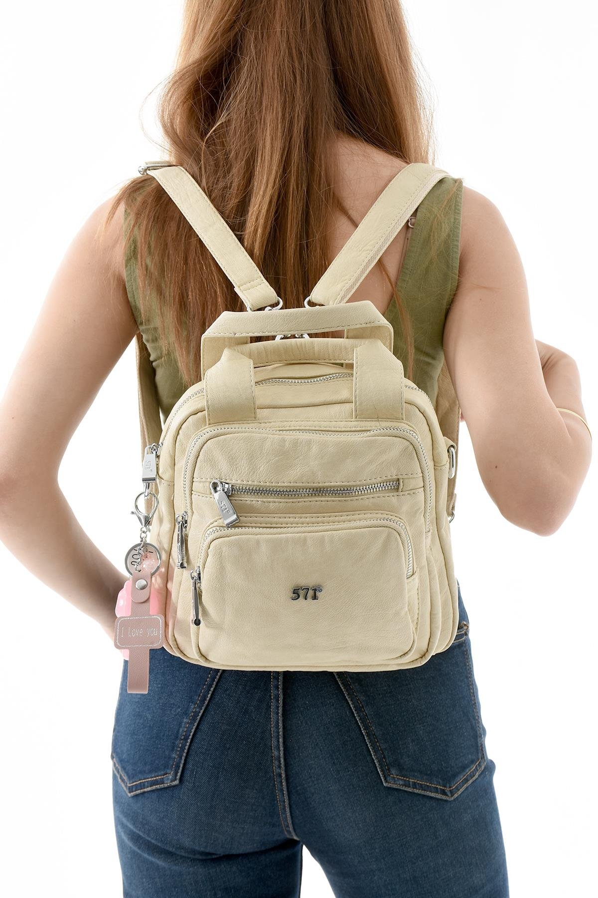 Üç Fonksiyonlu Suni Deri Sırt, Omuz, ve El Çantası Bej (Model: 571-13-17K)