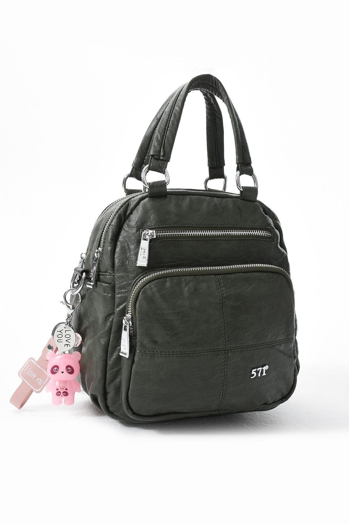 Üç Fonksiyonlu Suni Deri Sırt, Omuz, ve El Çantası Yeşil Gri (Model: 571-13-17B)